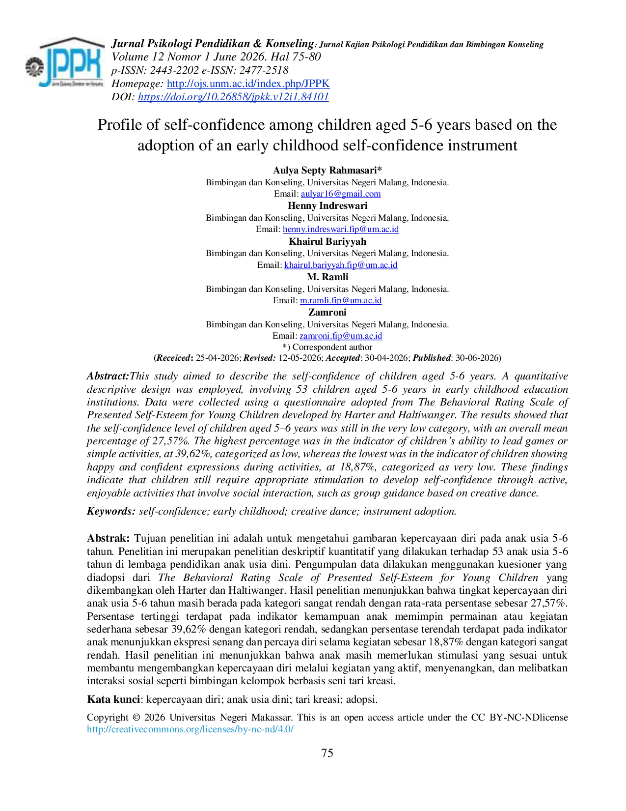 JURIS Profile of self confidence among children aged 5 6 years based on the adoption of an early childhood self confidence instrument