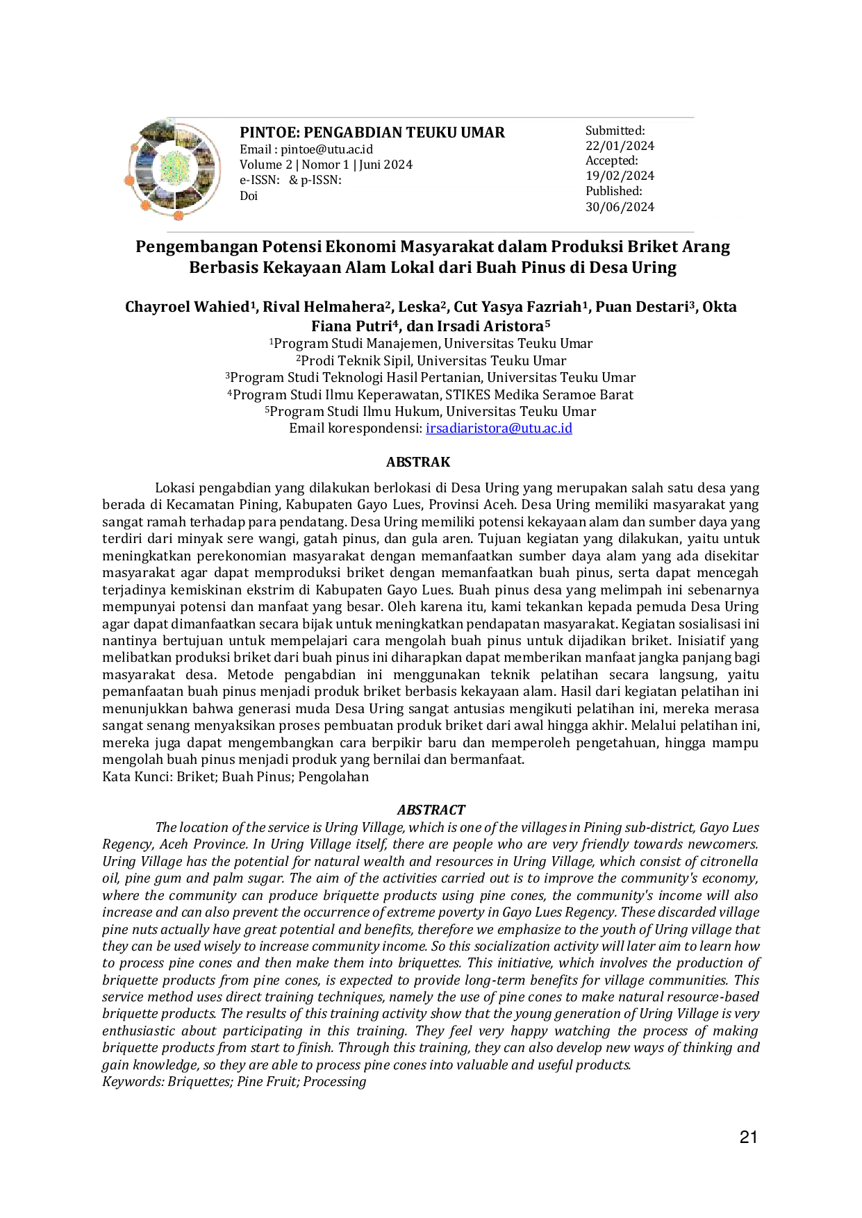 JURIS Produksi Briket Arang Berbasis Kekayaan Alam Lokal Dari Buah Pinus Di Desa Uring