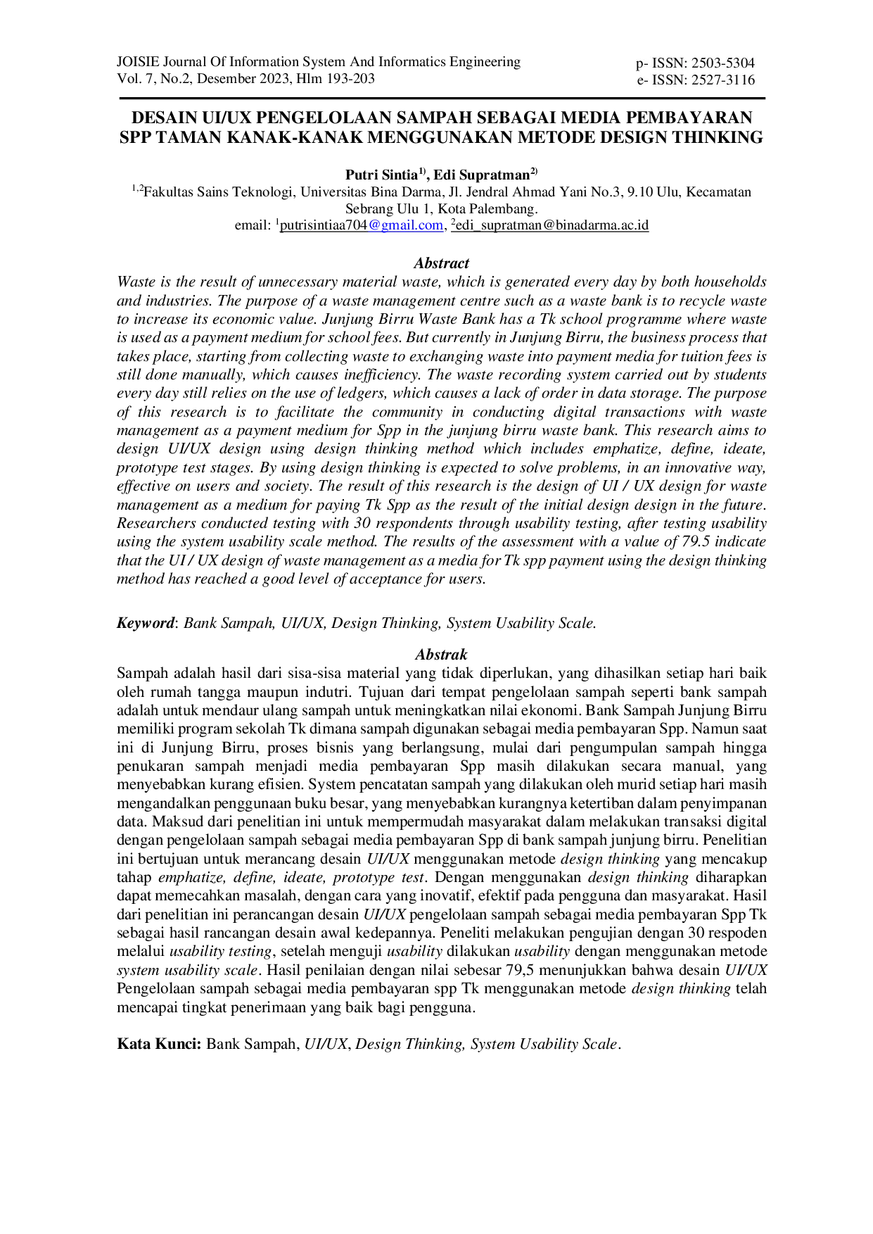 JURIS Desain UI UX Pengelolaan Sampah Sebagai Media Pembayaran SPP Taman Kanak Kanak Menggunakan Metode Design Thinking