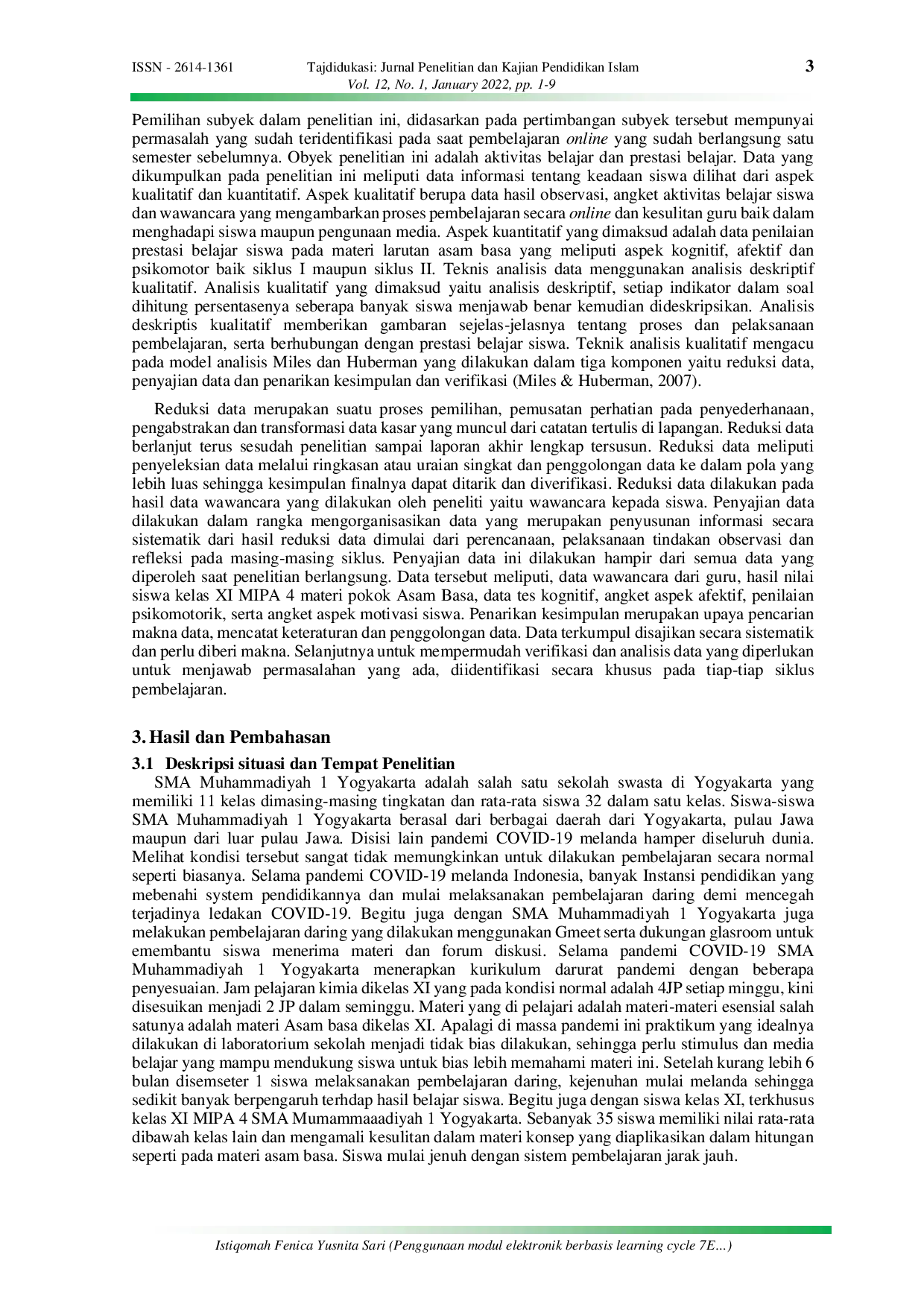 JURIS Penggunaan modul elektronik berbasis learning cycle 7E pada materi pokok larutan asam basa dalam pembelajaran online untuk meningkatkan aktivitas belajar dan prestasi belajar siswa kelas XI MIPA 4 SMA