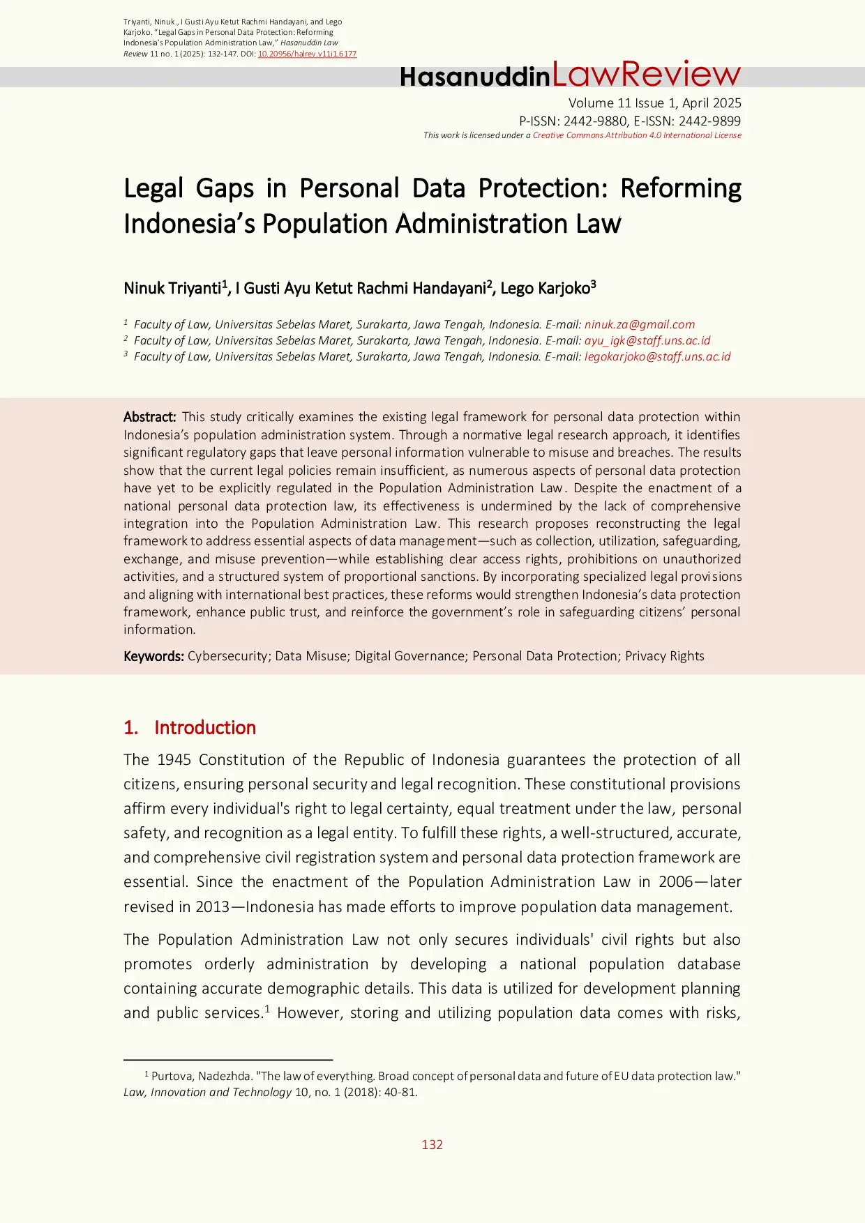 JURIS Legal Gaps in Personal Data Protection Reforming Indonesia s Population Administration Law