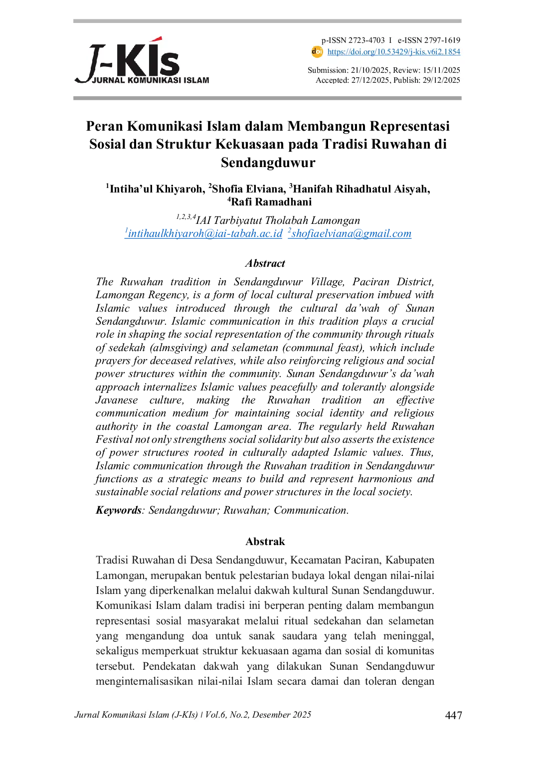 JURIS Peran Komunikasi Islam dalam Membangun Representasi Sosial dan Struktur Kekuasaan pada Tradisi Ruwahan di Sendangduwur