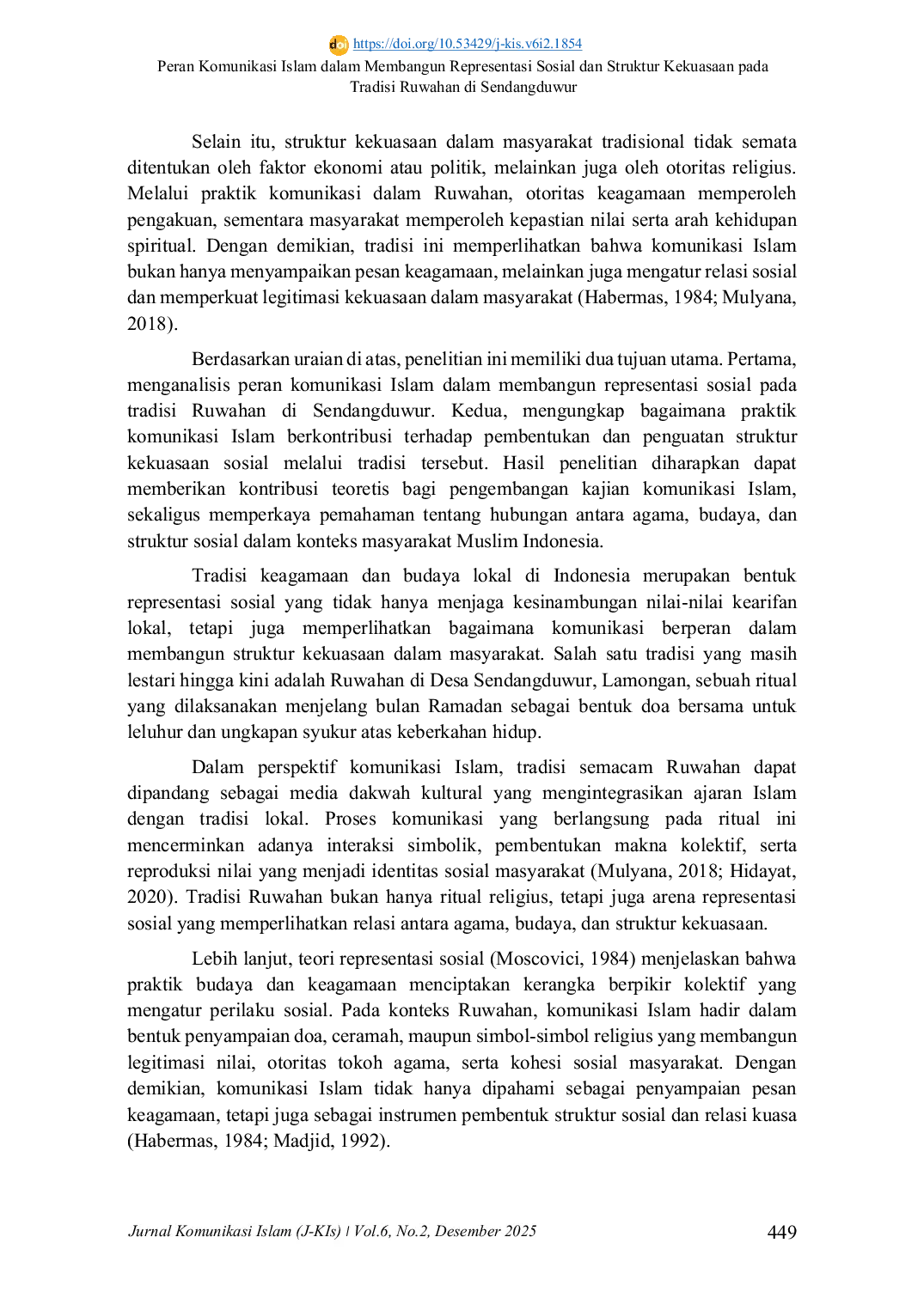 JURIS Peran Komunikasi Islam dalam Membangun Representasi Sosial dan Struktur Kekuasaan pada Tradisi Ruwahan di Sendangduwur
