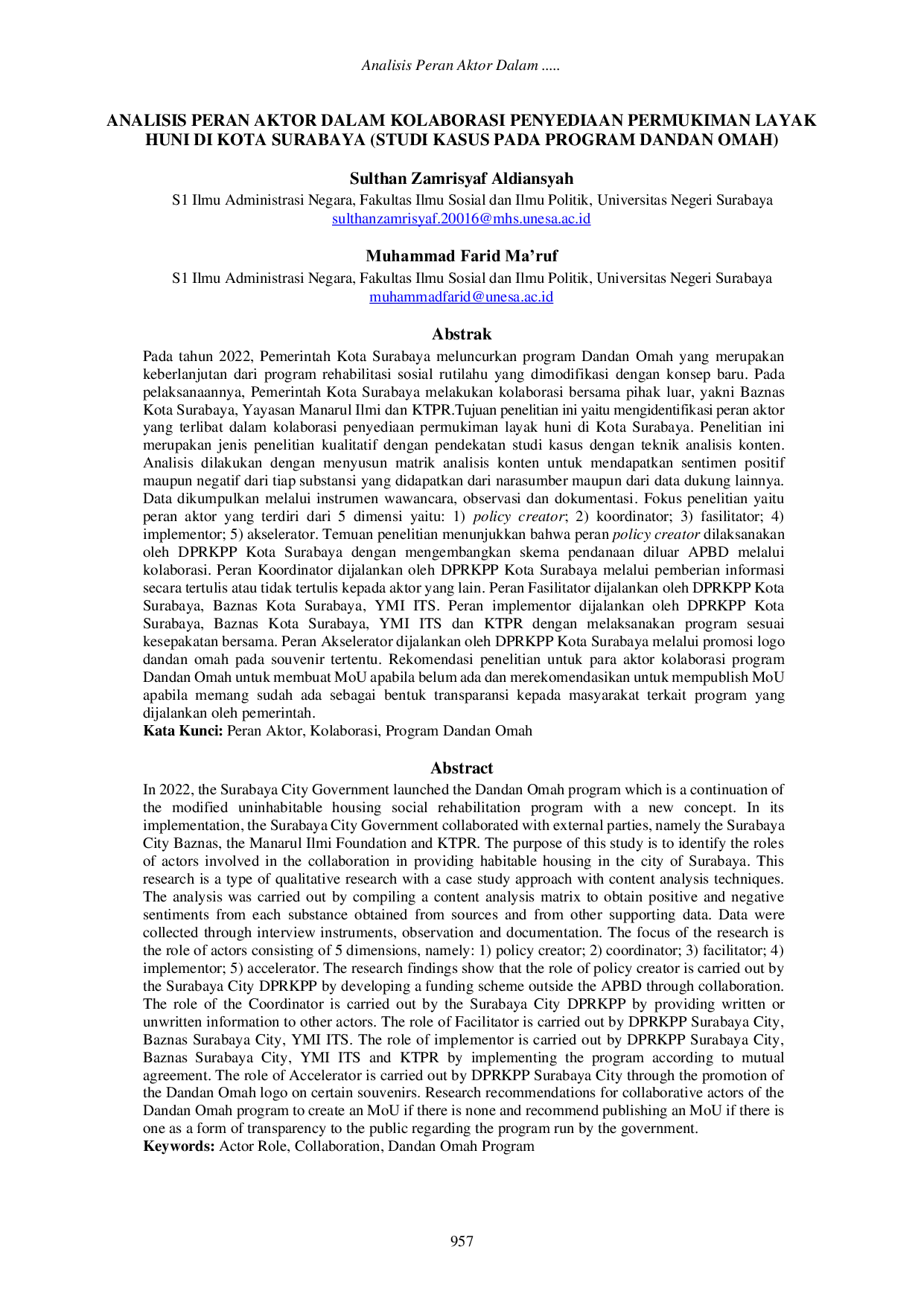 JURIS Analisis Peran Aktor Dalam Kolaborasi Penyediaan Permukiman Layak Huni Di Kota Surabaya Studi Kasus Pada Program Dandan Omah