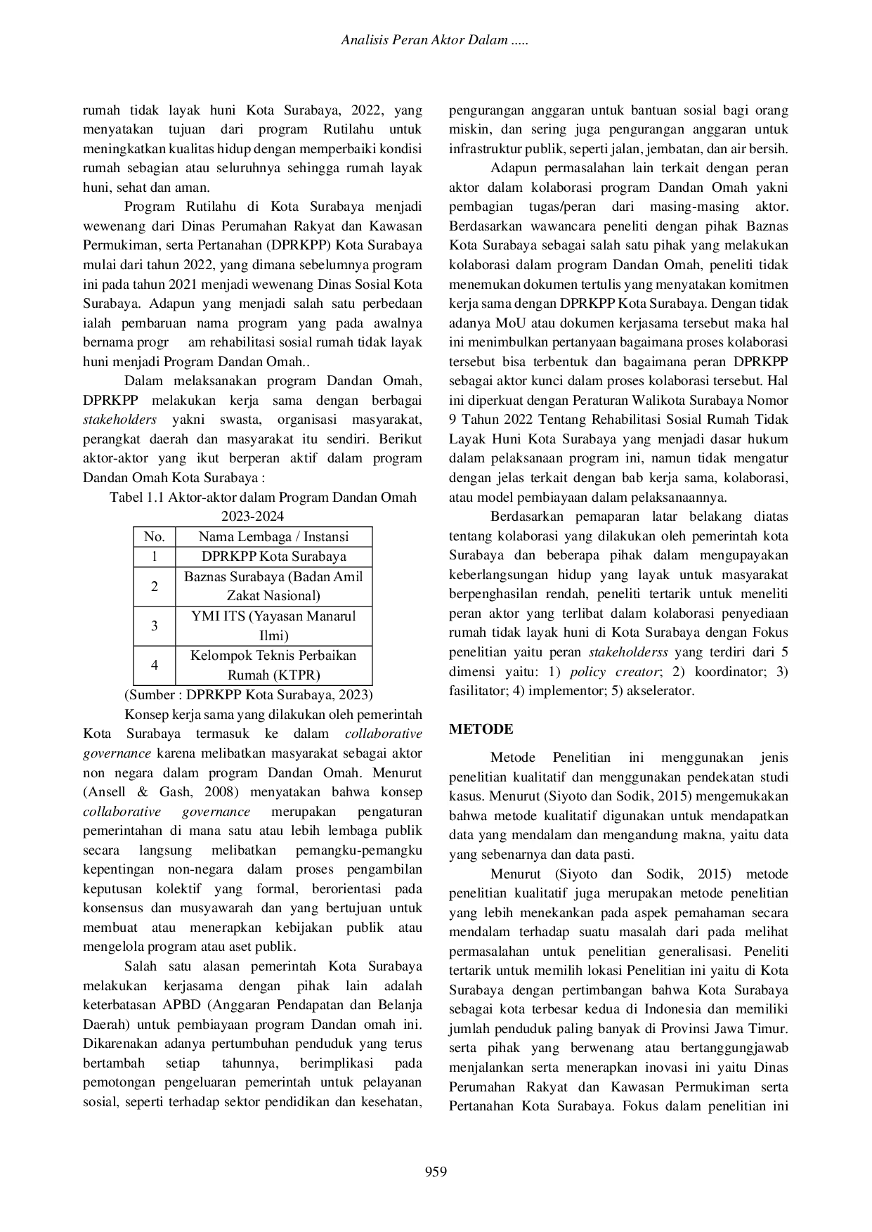 JURIS Analisis Peran Aktor Dalam Kolaborasi Penyediaan Permukiman Layak Huni Di Kota Surabaya Studi Kasus Pada Program Dandan Omah