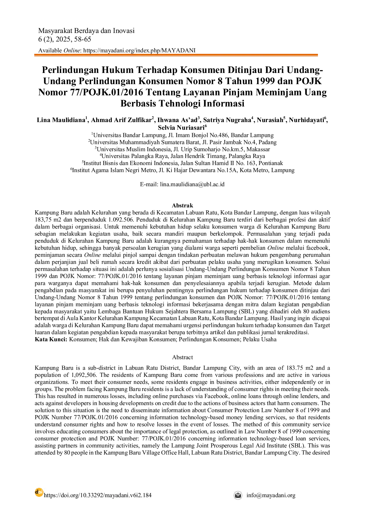 JURIS Perlindungan Hukum Terhadap Konsumen Ditinjau Dari Undang Undang Perlindungan Konsumen Nomor 8 Tahun 1999 dan POJK Nomor 77 POJK 01 2016 Tentang Layanan Pinjam Meminjam Uang Berbasis Tehnologi Informa