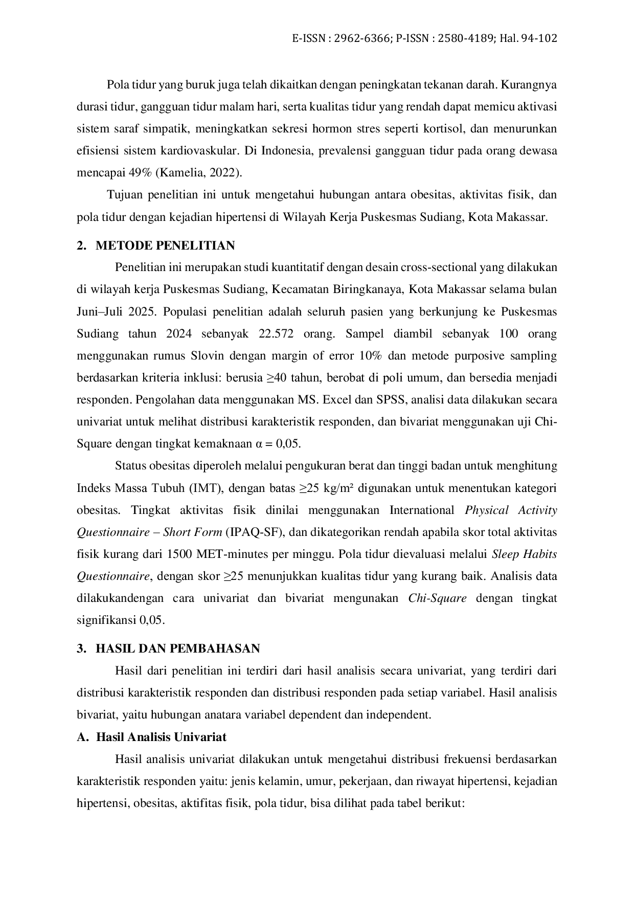 JURIS Faktor Gaya Hidup yang Berhubungan dengan Hipertensi di Puskesmas Sudiang