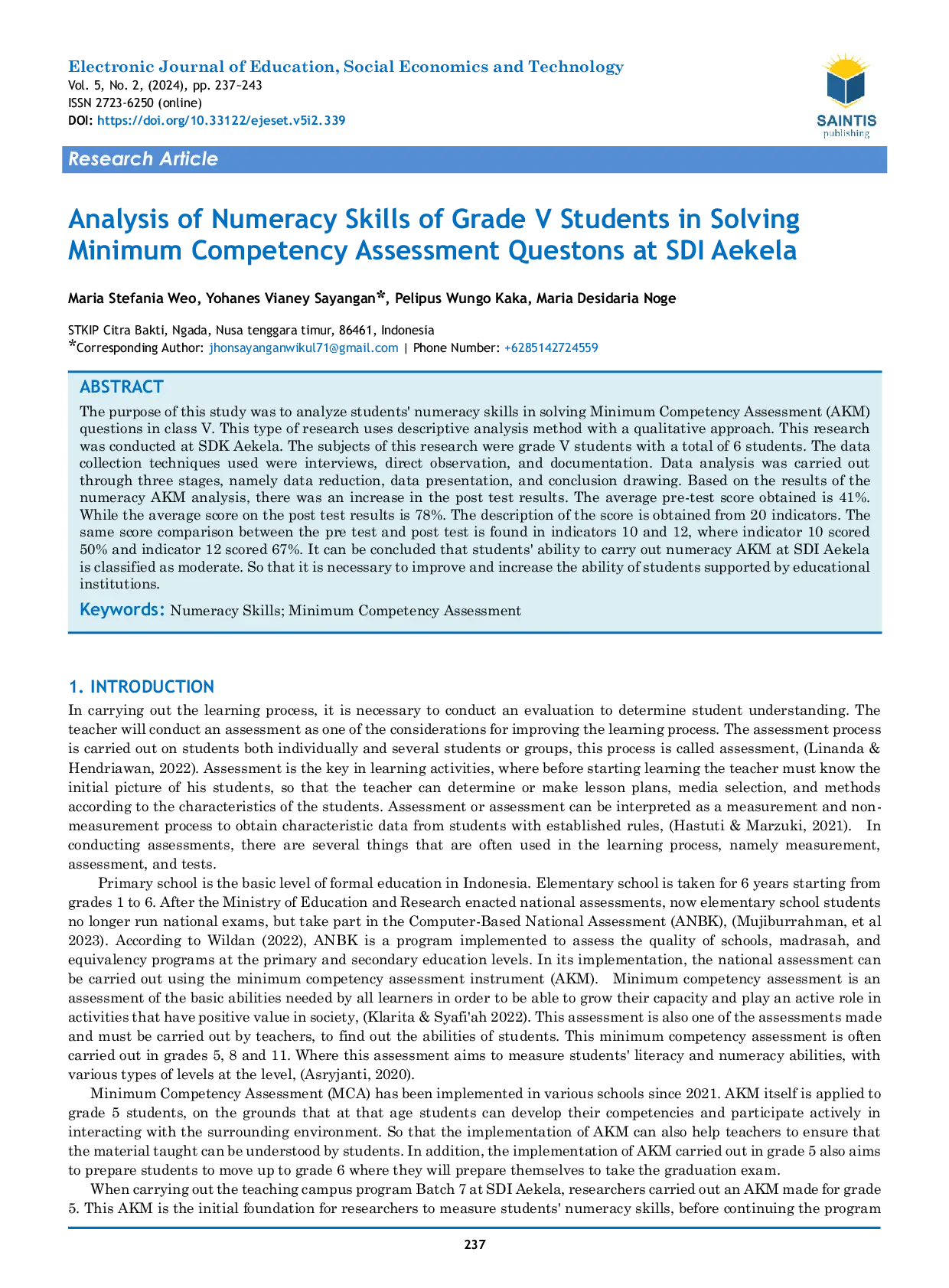 JURIS Analysis Of Numeracy Skills Of Grade V Students In Solving Minimum Competency Assessment Questons At Sdi Aekela
