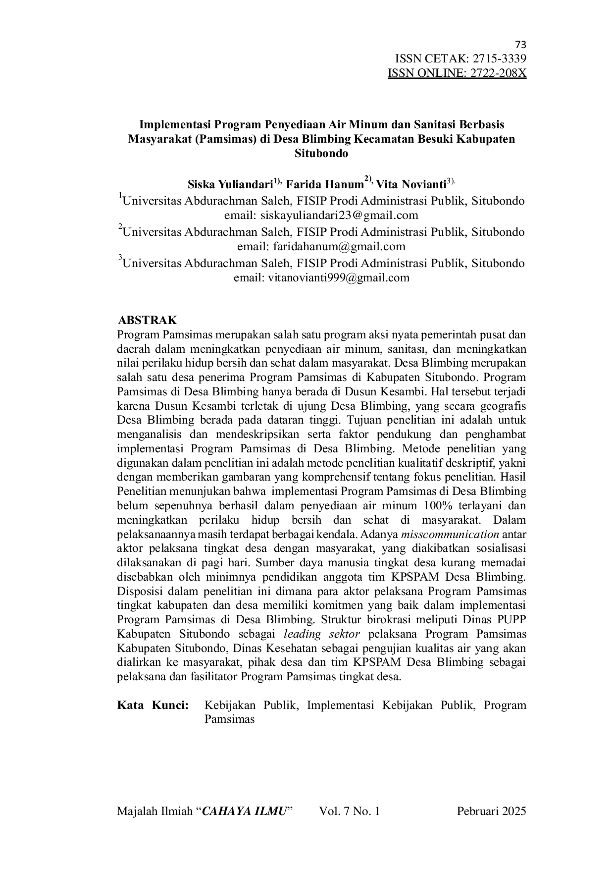 JURIS Implementasi Program Penyediaan Air Minum dan Sanitasi Berbasis Masyarakat Pamsimas di Desa Blimbing Kecamatan Besuki Kabupaten Situbondo