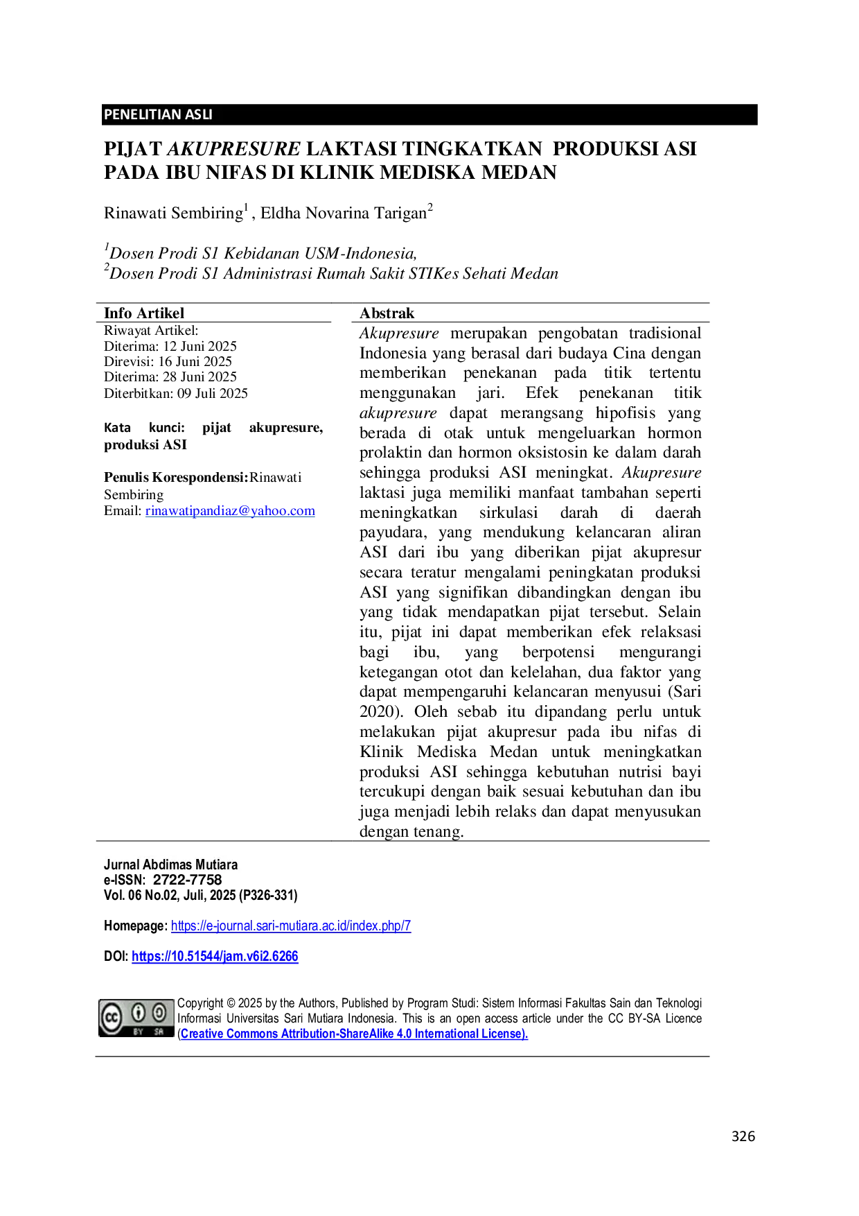 JURIS Pijat Akupresure Laktasi Tingkatkan Produksi ASI Pada Ibu Nifas di Klinik Mediska Medan