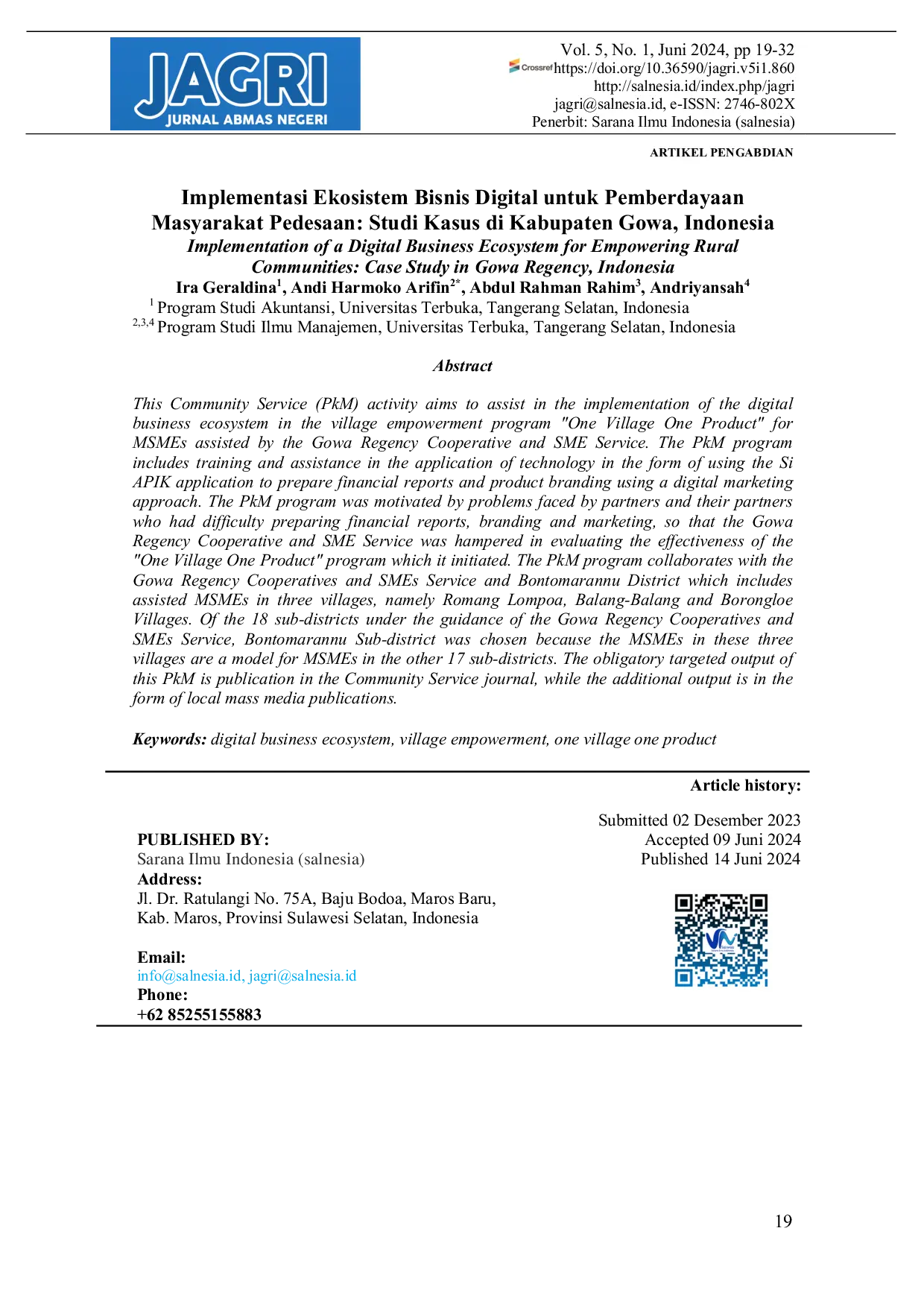 JURIS Implementasi Ekosistem Bisnis Digital untuk Pemberdayaan Masyarakat Pedesaan Studi Kasus di Kabupaten Gowa Indonesia