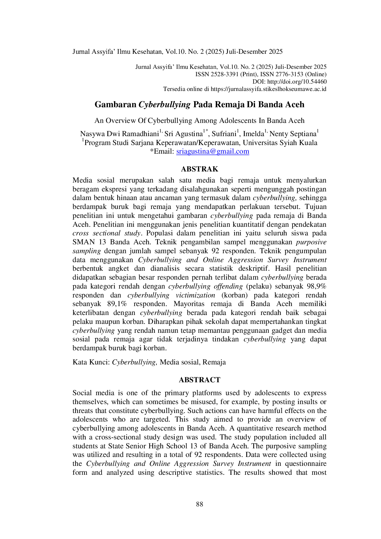 JURIS Gambaran Cyberbullying pada Remaja di Banda Aceh