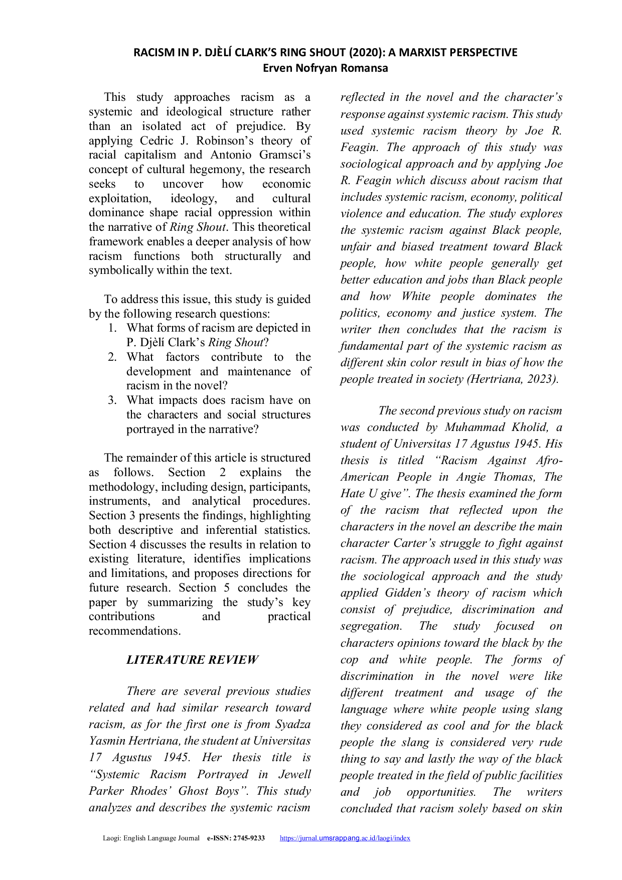 JURIS Racism in P Dj l Clark s Ring Shout 2020 A Marxist Perspective