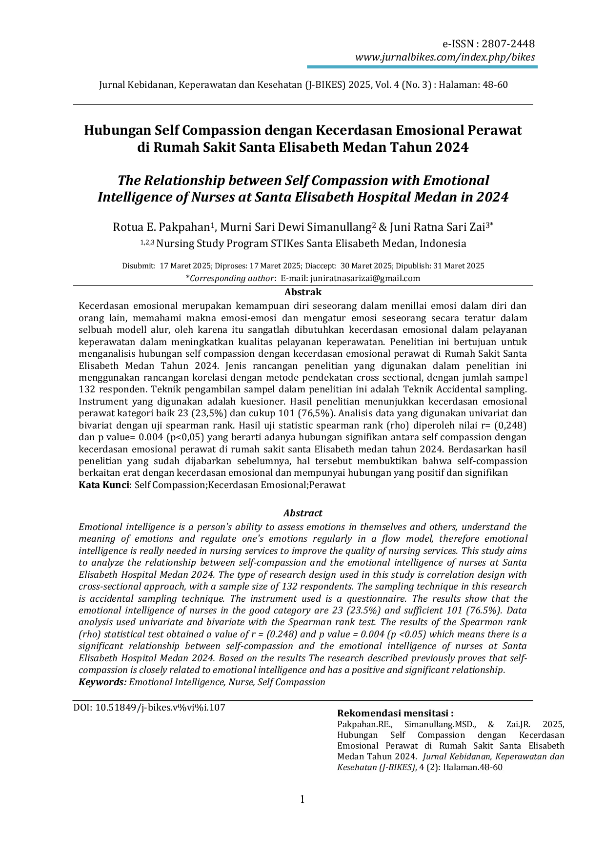 JURIS The Relationship between Self Compassion with Emotional Intelligence of Nurses at Santa Elisabeth Hospital Medan in 2024