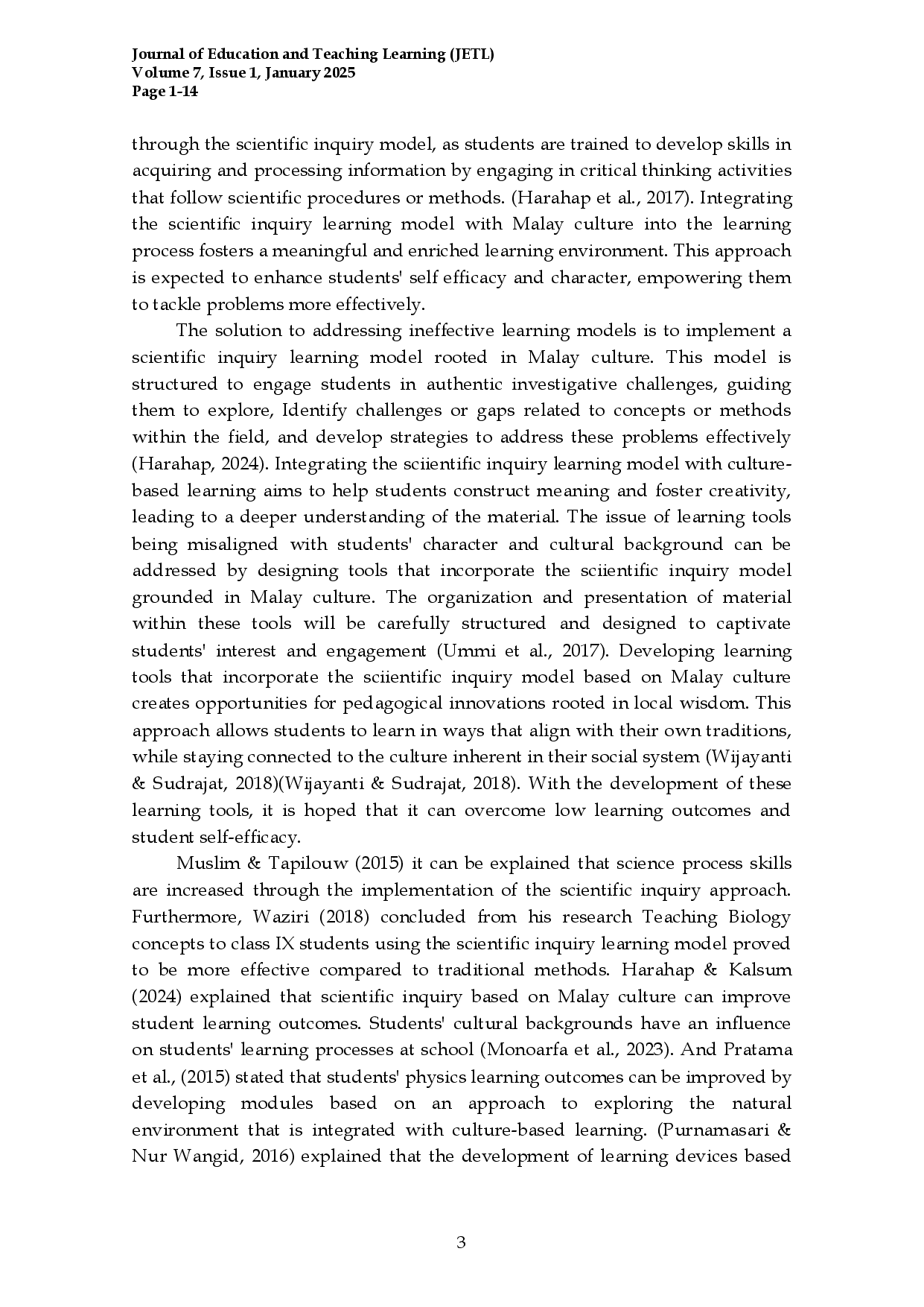 juris Development of Learning Devices Using the Scientific Inquiry Learning Model Based on Malay Culture to Increase Student Self Efficacy