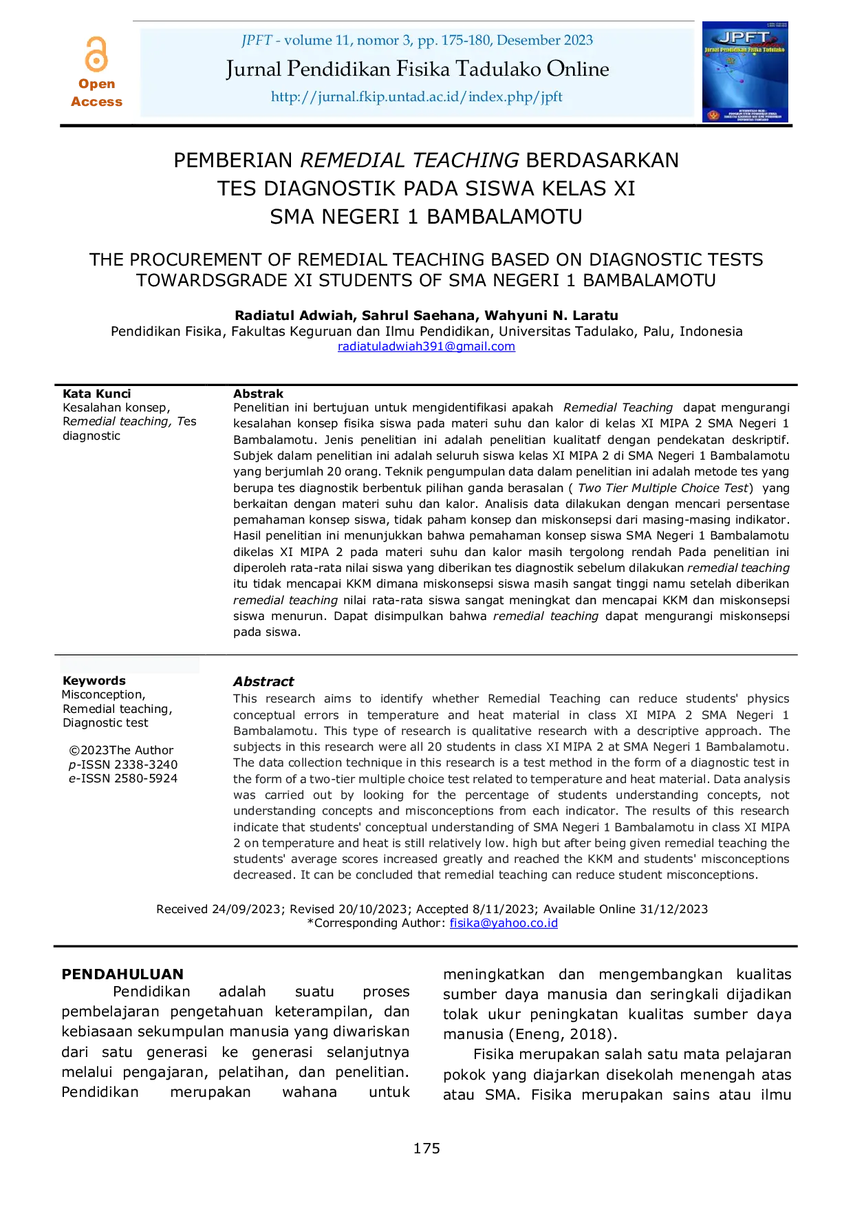 JURIS Pemberian Remedial Teaching Berdasarkan Tes Diagnostik Pada Siswa Kelas XI SMA Negeri 1 Bambalamotu