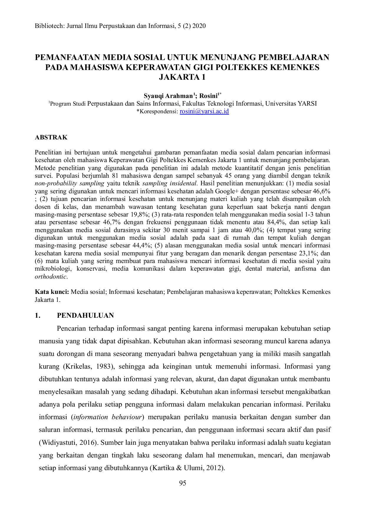 JURIS Pemanfaatan Media Sosial untuk Menunjang Pembelajaran pada Mahasiswa Keperawatan Gigi Poltekkes Kemenkes Jakarta 1
