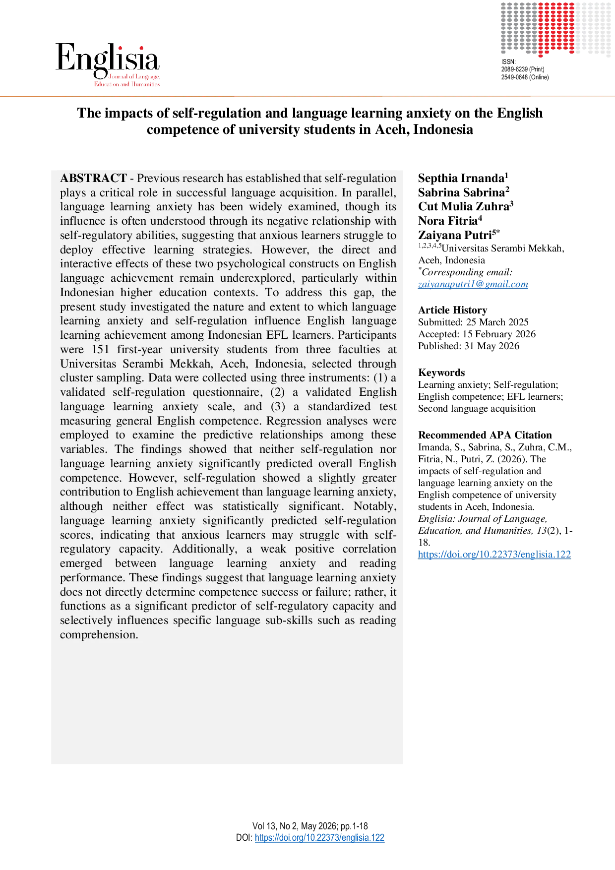 JURIS The impacts of self regulation and language learning anxiety on the English competence of university students in Aceh Indonesia