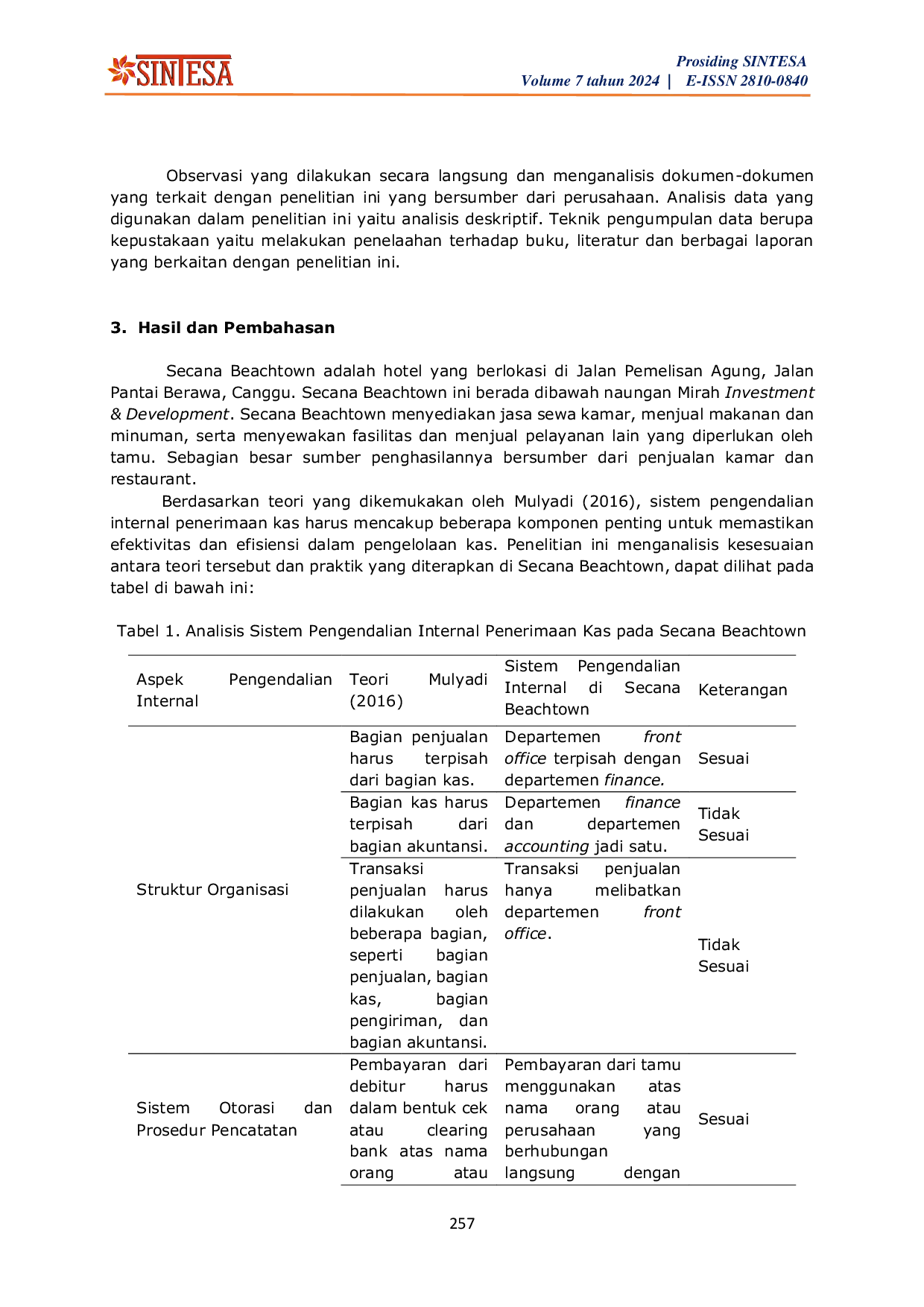 JURIS Analisis Prosedur Penerimaan Kas Masuk atas Penjualan Kamar pada Secana Beachtown