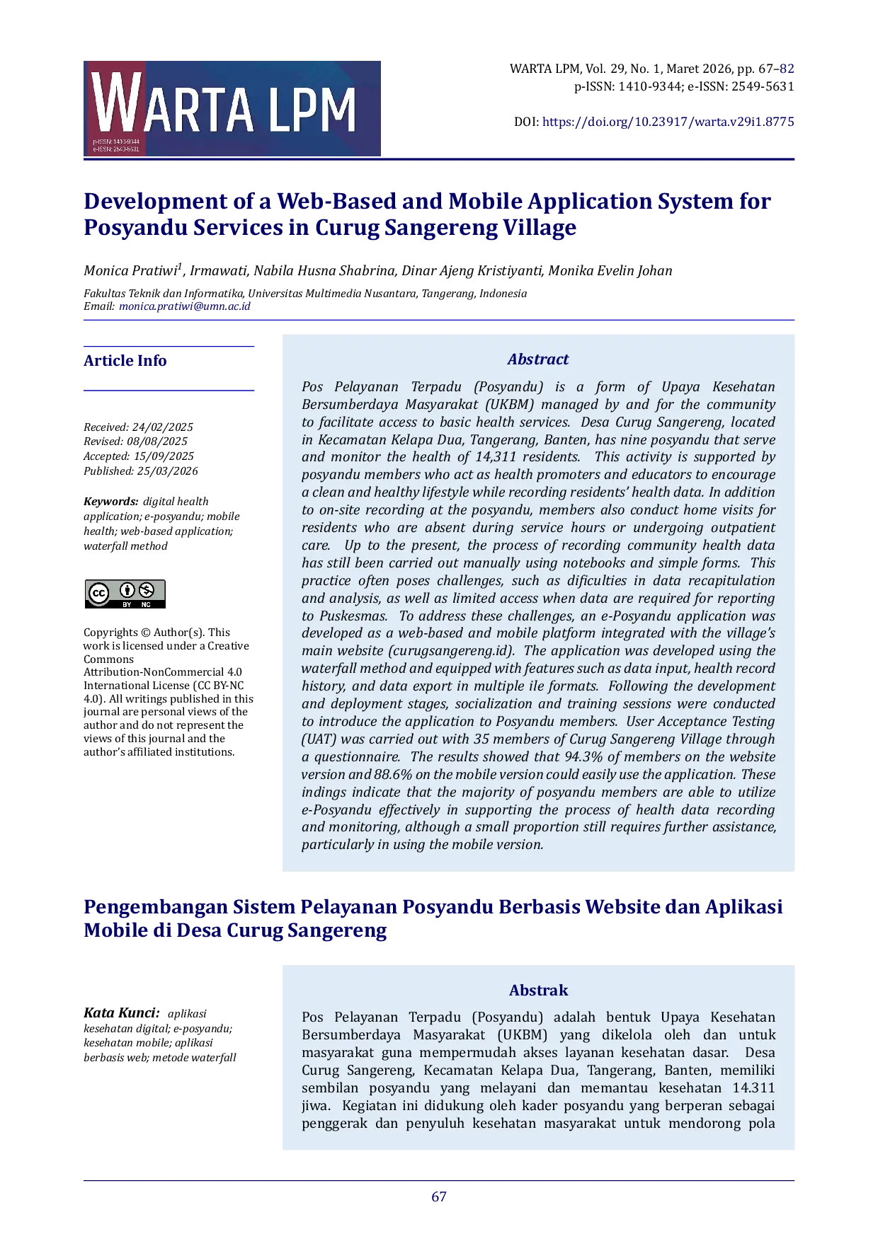 JURIS Development of a Web Based and Mobile Application System for Posyandu Services in Curug Sangereng Village