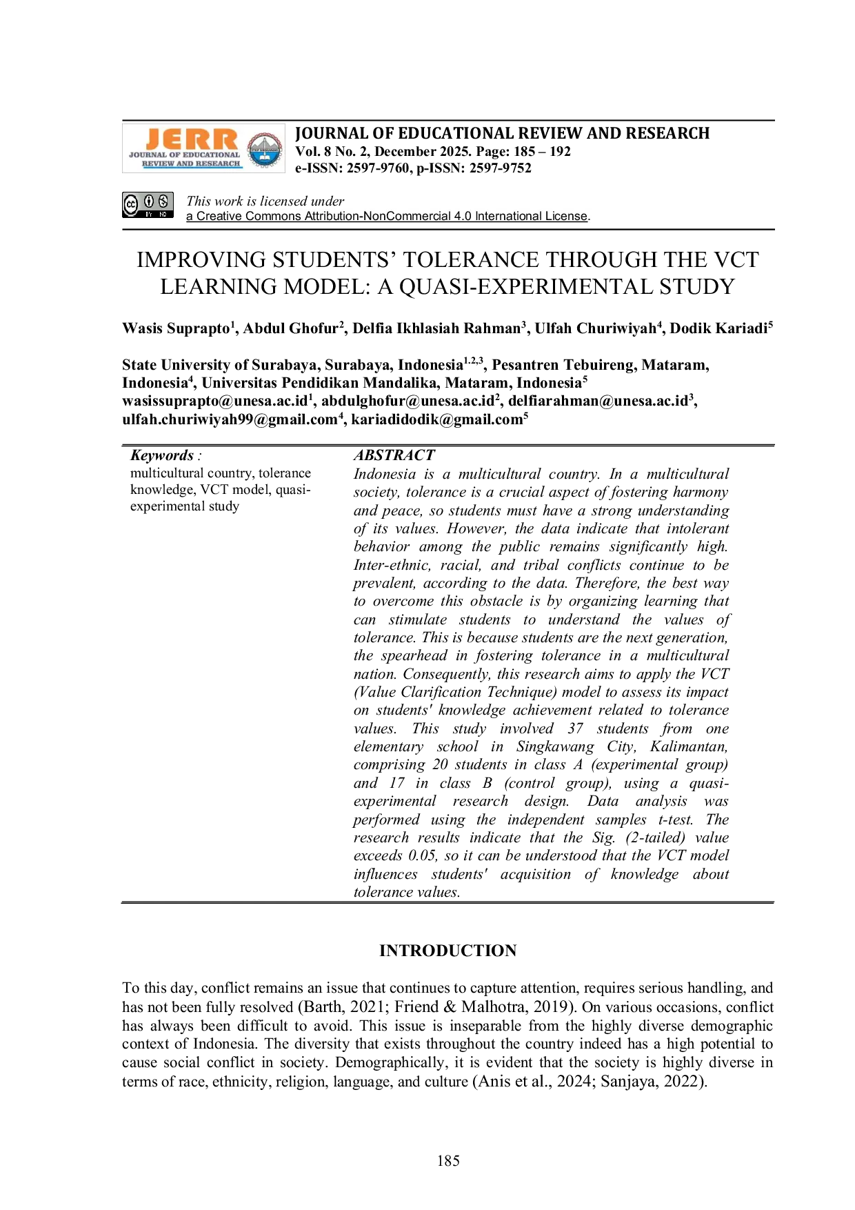 JURIS Improving Students Tolerance Through The Vct Learning Model A Quasi Experimental Study