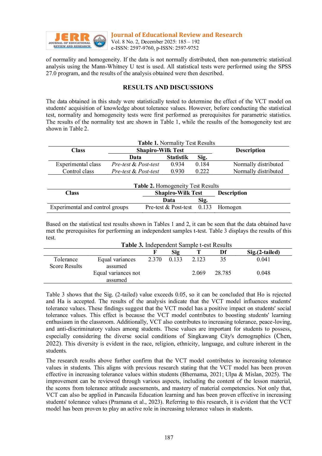 JURIS Improving Students Tolerance Through The Vct Learning Model A Quasi Experimental Study