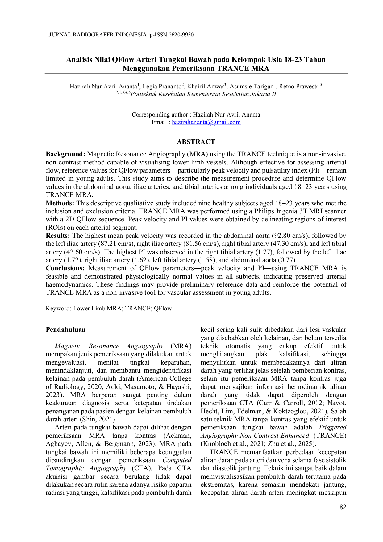 JURIS Analisis Nilai QFlow Arteri Tungkai Bawah pada Kelompok Usia 18 23 Tahun Menggunakan Pemeriksaan TRANCE MRA