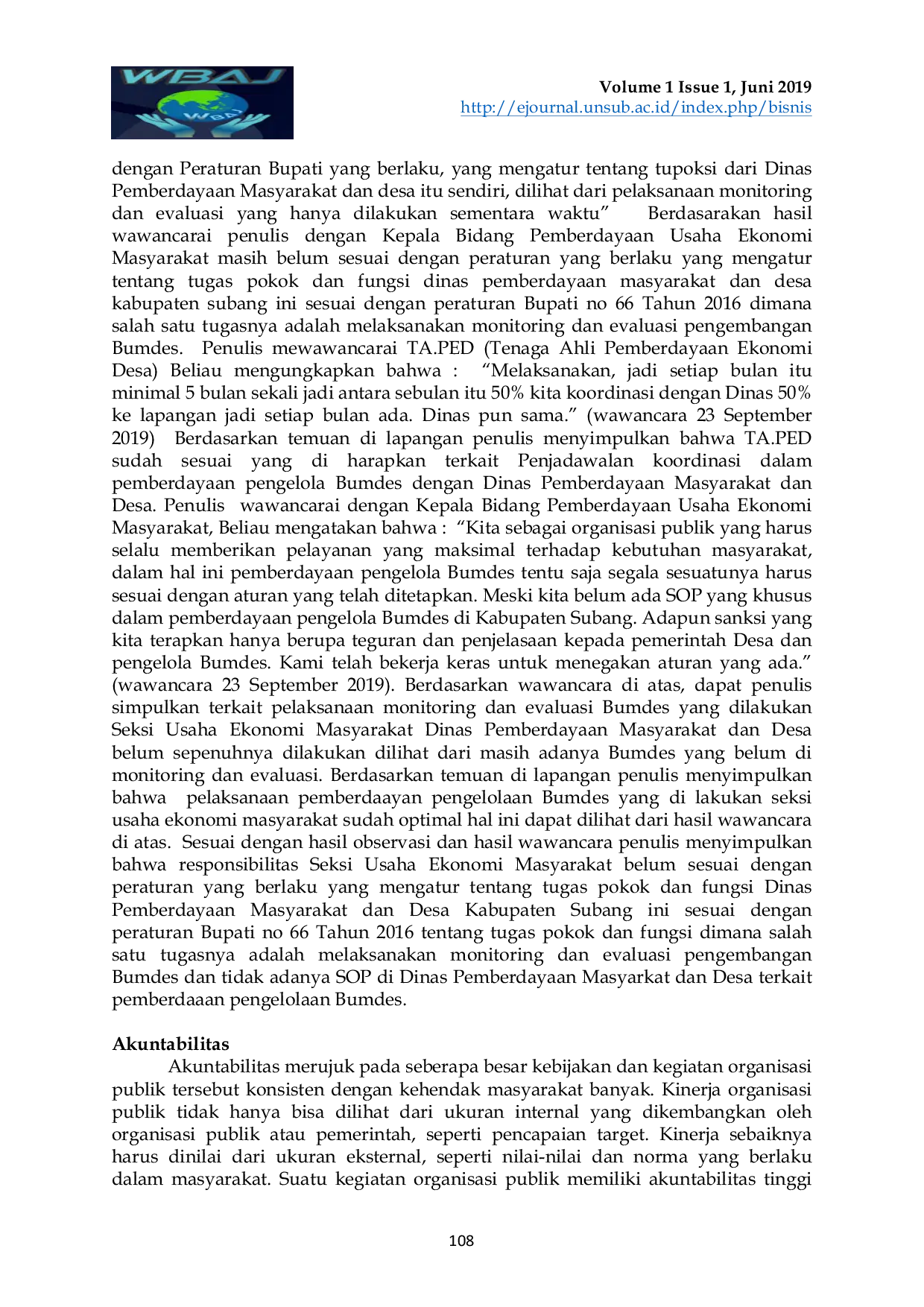 JURIS Kinerja Seksi Usaha Ekonomi Masyarakat Dalam Pemberdayaan Pengelola Badan Usaha Milik Desa BUMDES Di Kabupaten Subang