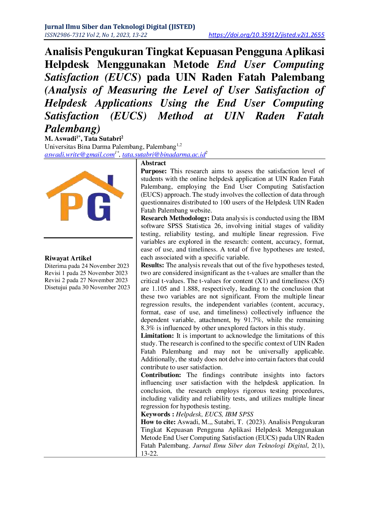 JURIS Analisis Pengukuran Tingkat Kepuasan Pengguna Aplikasi Helpdesk Menggunakan Metode End User Computing Satisfaction EUCS pada UIN Raden Fatah Palembang