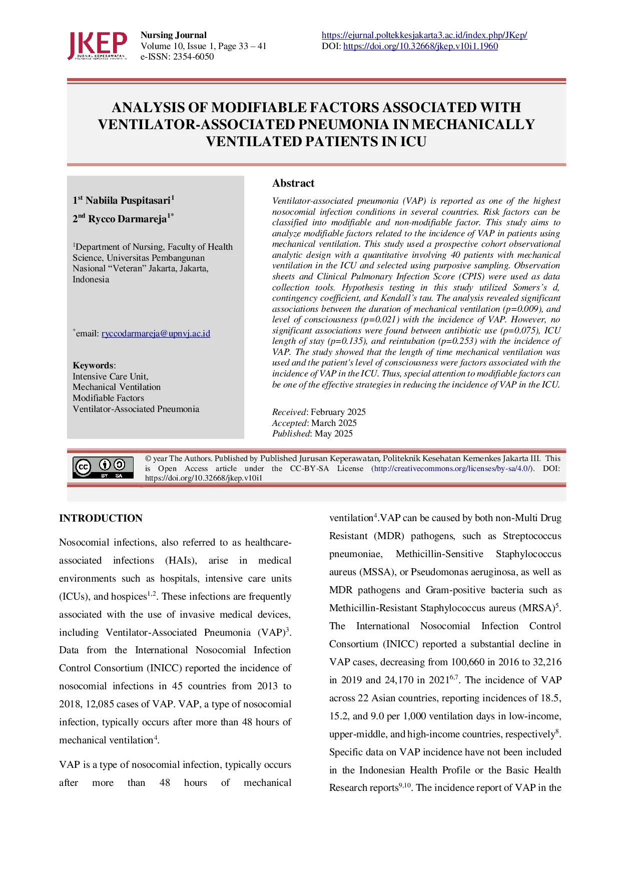 JURIS Analysis of Modifiable Factors Associated with Ventilator Associated Pneumonia in Mechanically Ventilated Patients in ICU