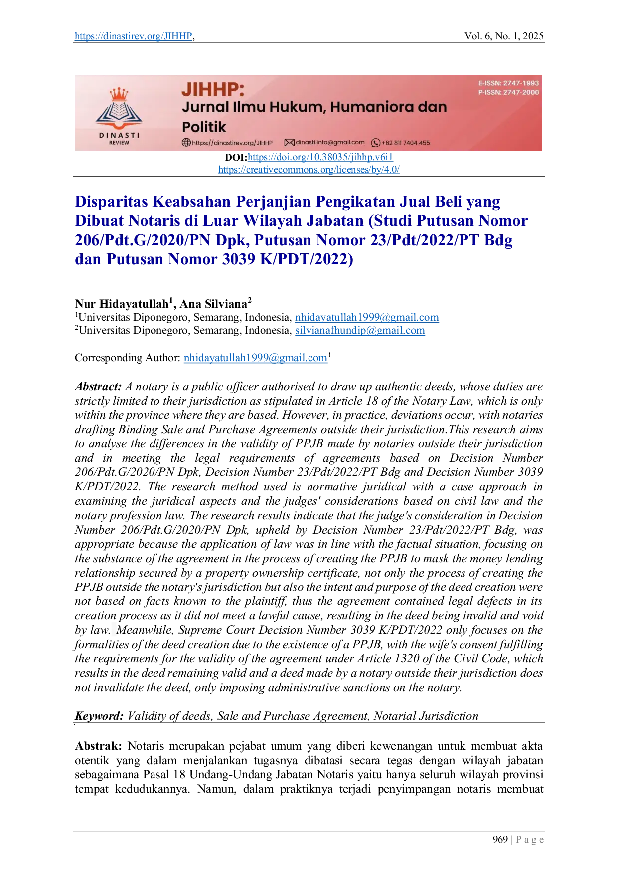 JURIS Disparitas Keabsahan Perjanjian Pengikatan Jual Beli yang Dibuat Notaris di Luar Wilayah Jabatan Studi Putusan Nomor 206 Pdt G 2020 PN Dpk Putusan Nomor 23 Pdt 2022 PT Bdg dan Putusan Nomor 3039 K P