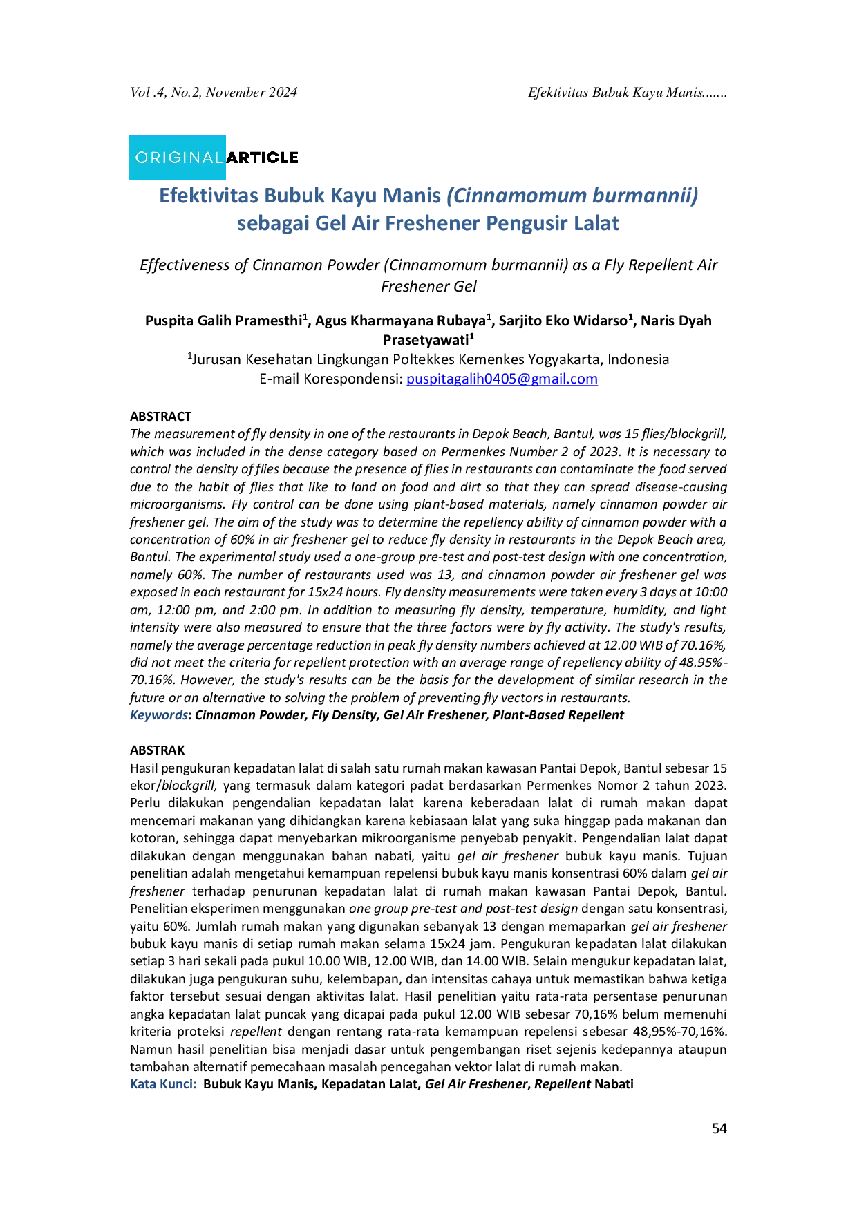 JURIS Efektivitas Bubuk Kayu Manis Cinnamomum burmannii sebagai Gel Air Freshener Pengusir Lalat