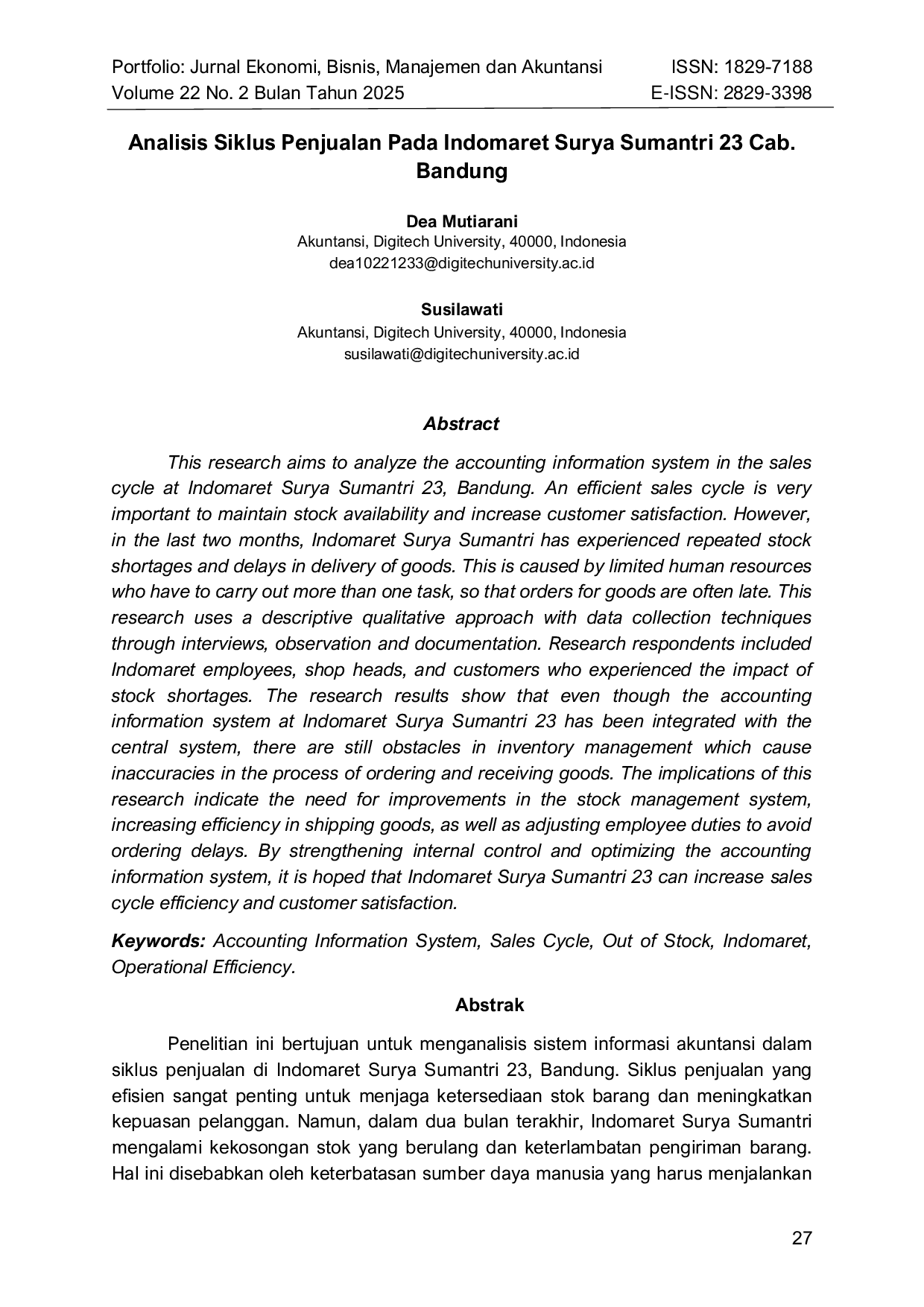 JURIS Analisis Siklus Penjualan Pada Indomaret Surya Sumantri 23 Cab Bandung