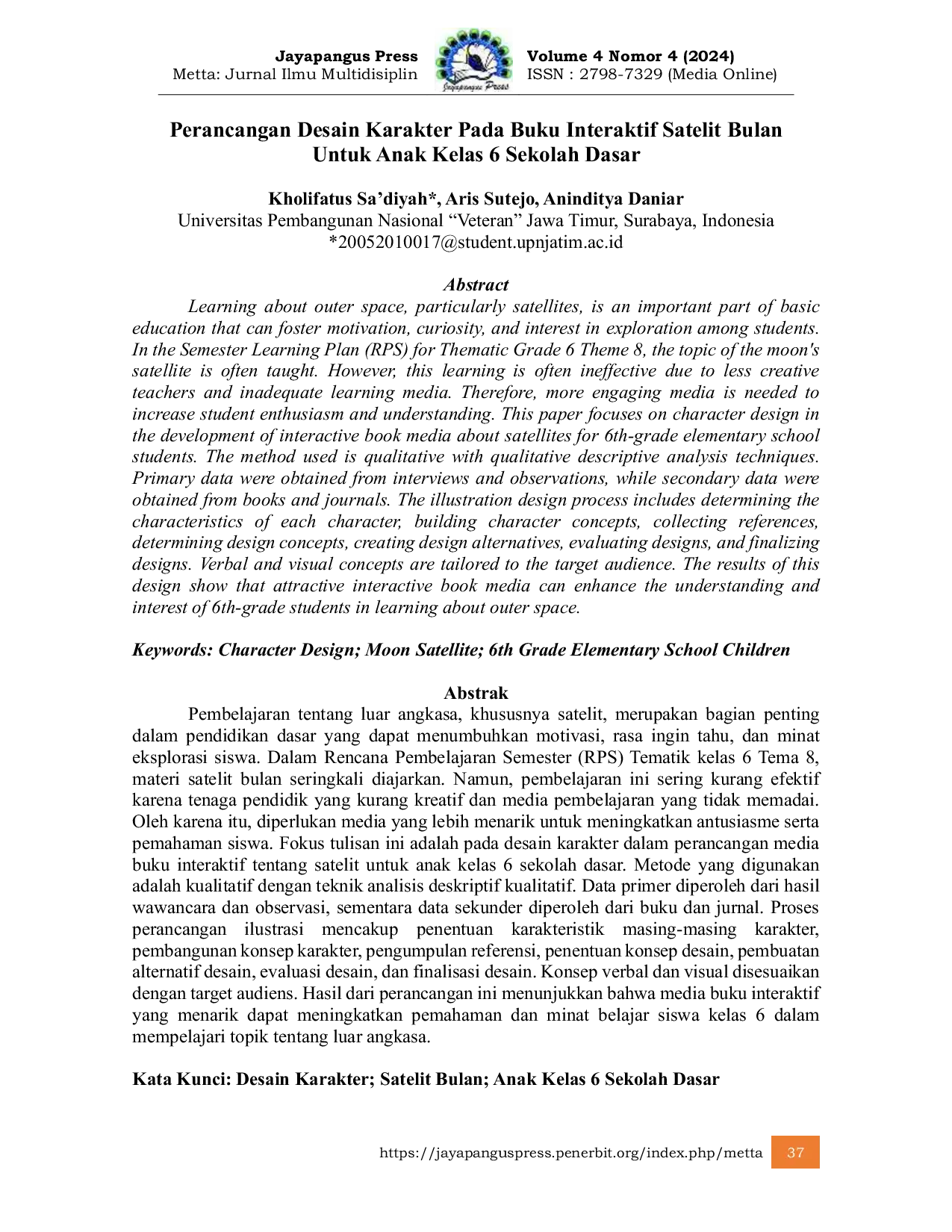JURIS Perancangan Desain Karakter Pada Buku Interaktif Satelit Bulan Untuk Anak Kelas 6 Sekolah Dasar