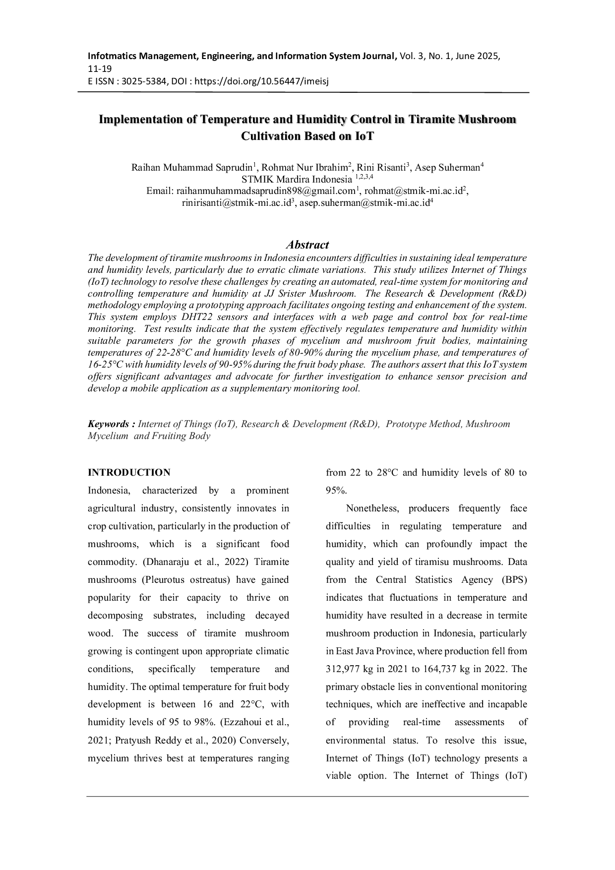 JURIS Implementation Of Temperature And Humidity Control In Tiramite Mushroom Cultivation Based On Iot