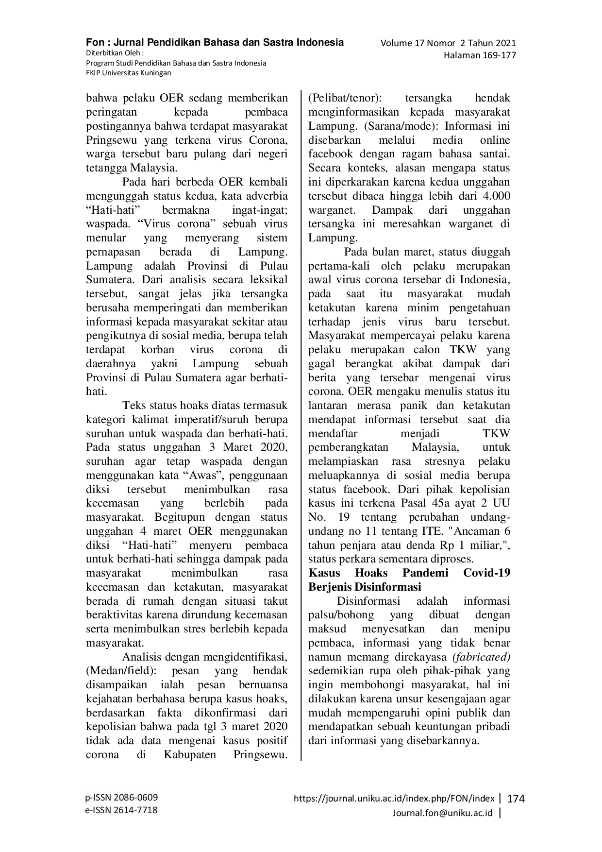 JURIS Kasus Hoaks Pandemi Covid 19 Suatu Tinjauan Linguistik Forensik