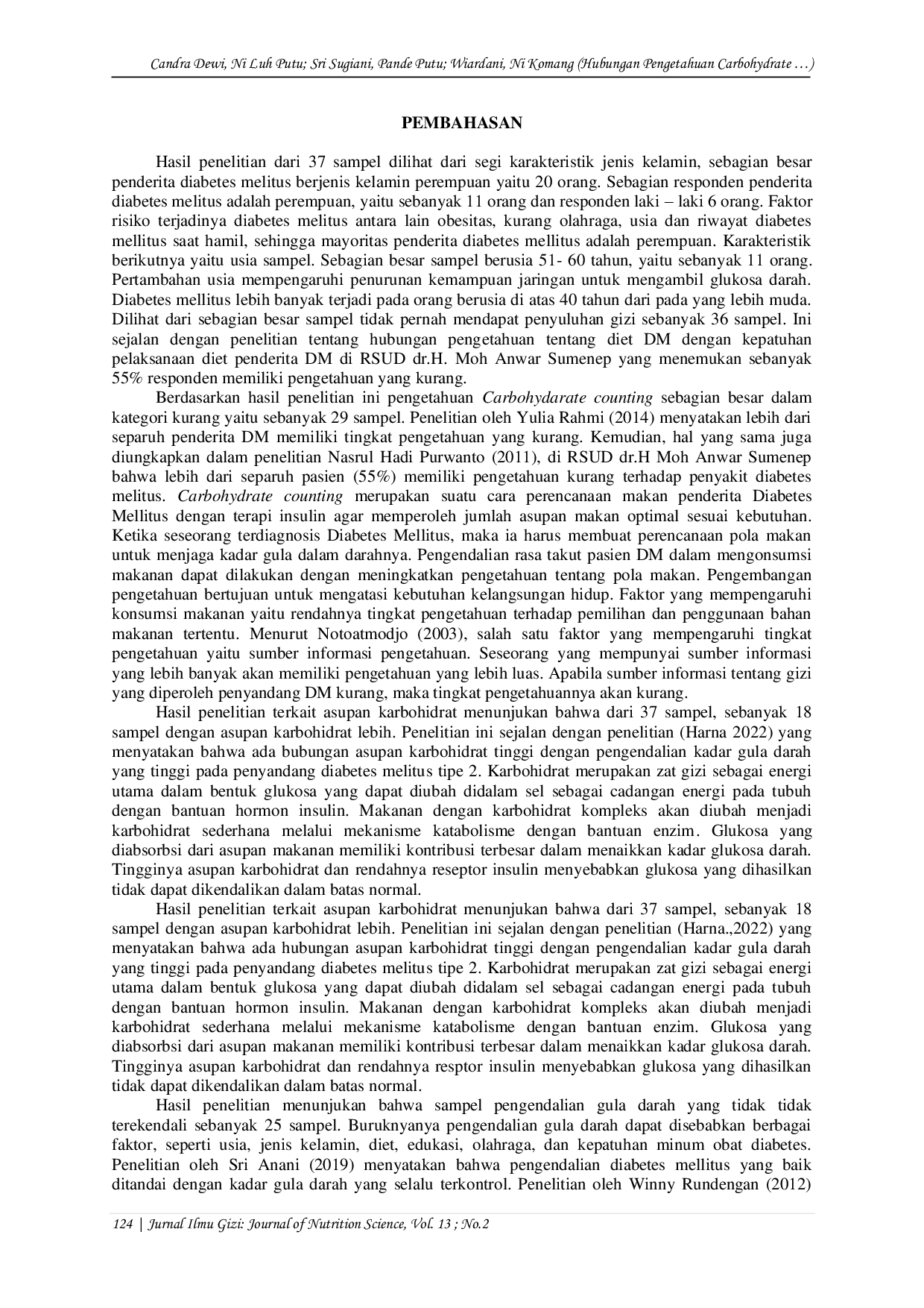JURIS Hubungan Pengetahuan Carbohydrate Counting dan Asupan Karbohidrat Dengan Pengendalian Kadar Gula Darah Pada Penderita Diabetes Melitus di Puskesmas II Denpasar Timur