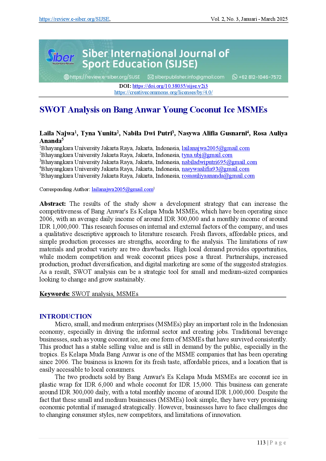 juris SWOT Analysis on Bang Anwar Young Coconut Ice MSMEs
