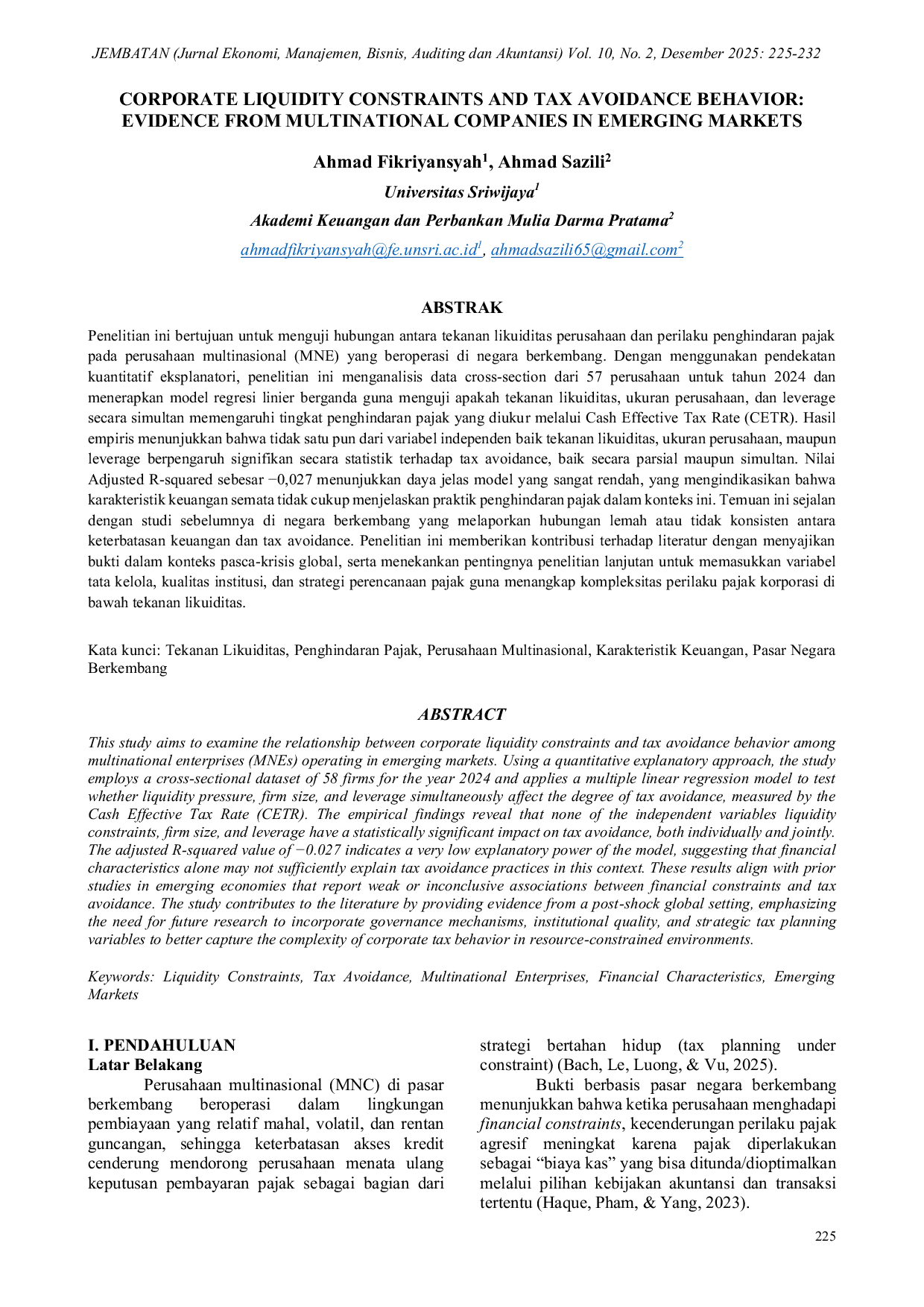JURIS Corporate Liquidity Constraints and Tax Avoidance Behavior Evidence From Multinational Companies in Emerging Markets