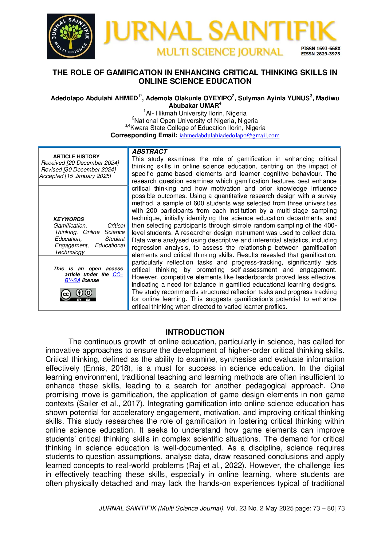 JURIS The Role of Gamification in Enhancing Critical Thinking Skills in Online Science Education