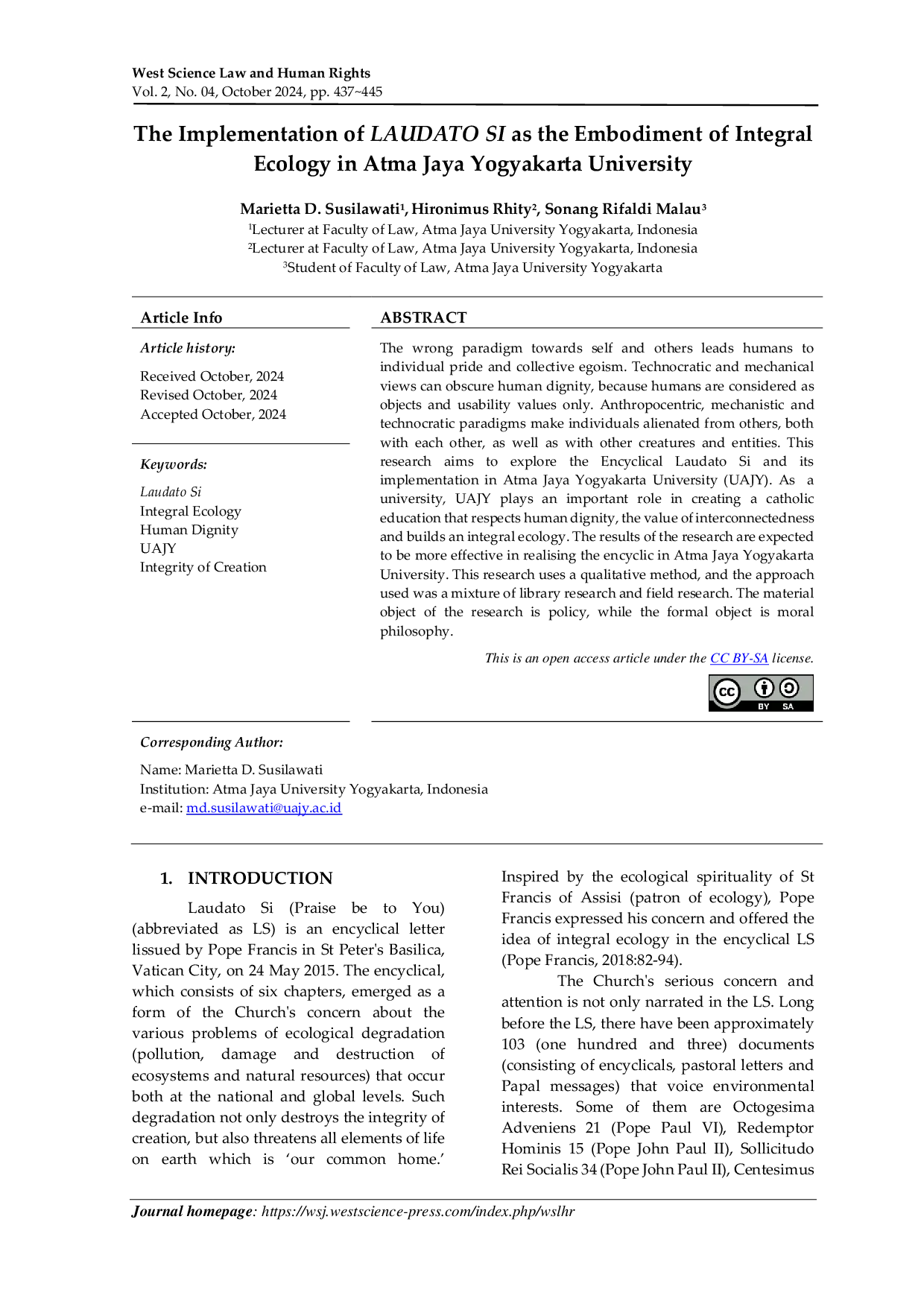 JURIS The Implementation of LAUDATO SI as the Embodiment of Integral Ecology in Atma Jaya Yogyakarta University