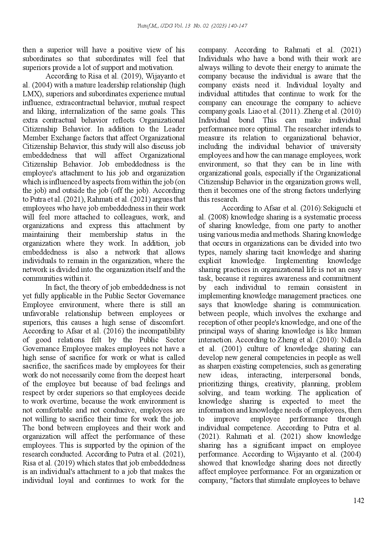 juris The Influence of Knowledge Management Leader Member Exchange and Job Embeddedness on Organizational Citizenship Behavior An Empirical Study on Indonesian Public Sector Governance Employee