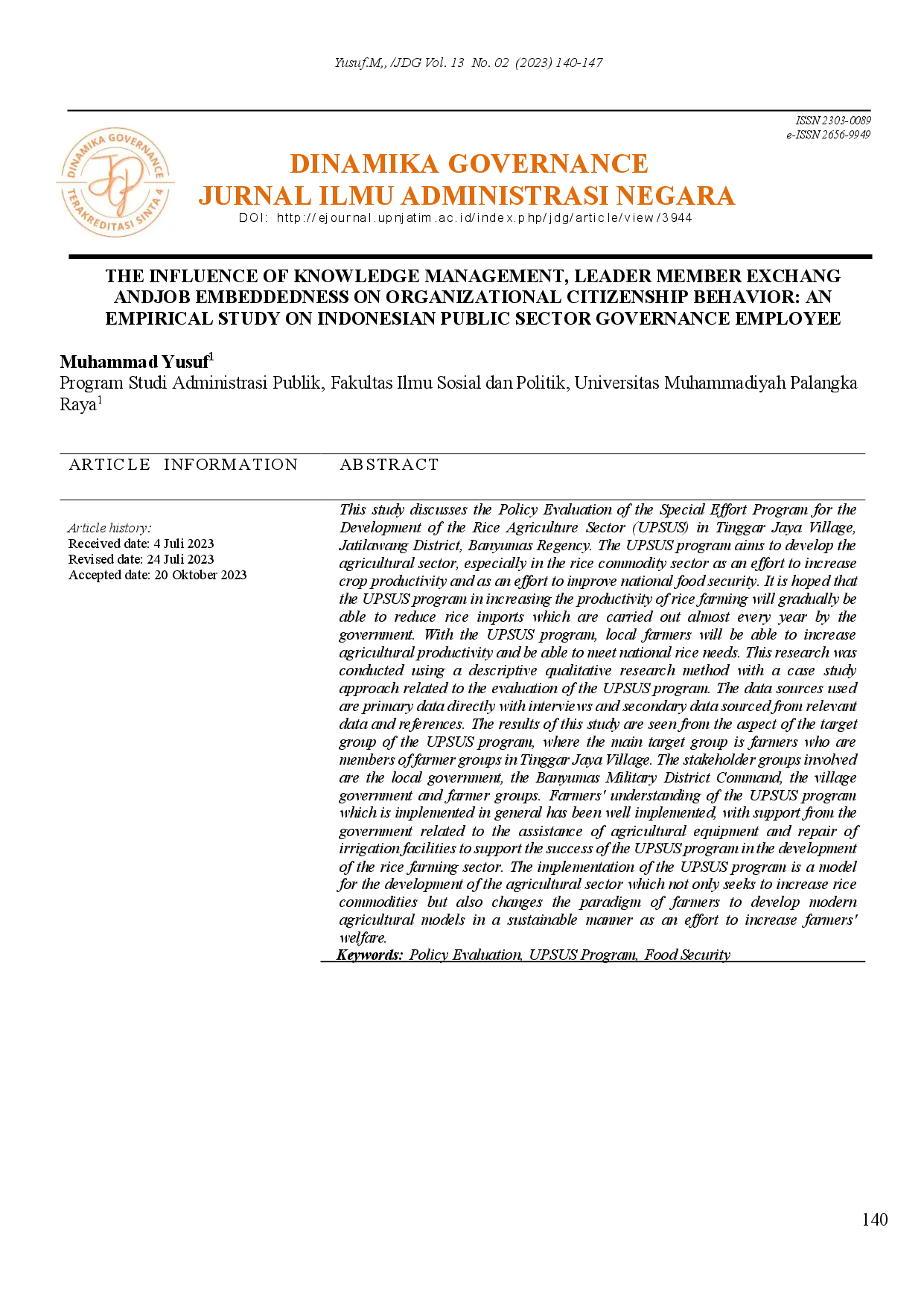juris The Influence of Knowledge Management Leader Member Exchange and Job Embeddedness on Organizational Citizenship Behavior An Empirical Study on Indonesian Public Sector Governance Employee