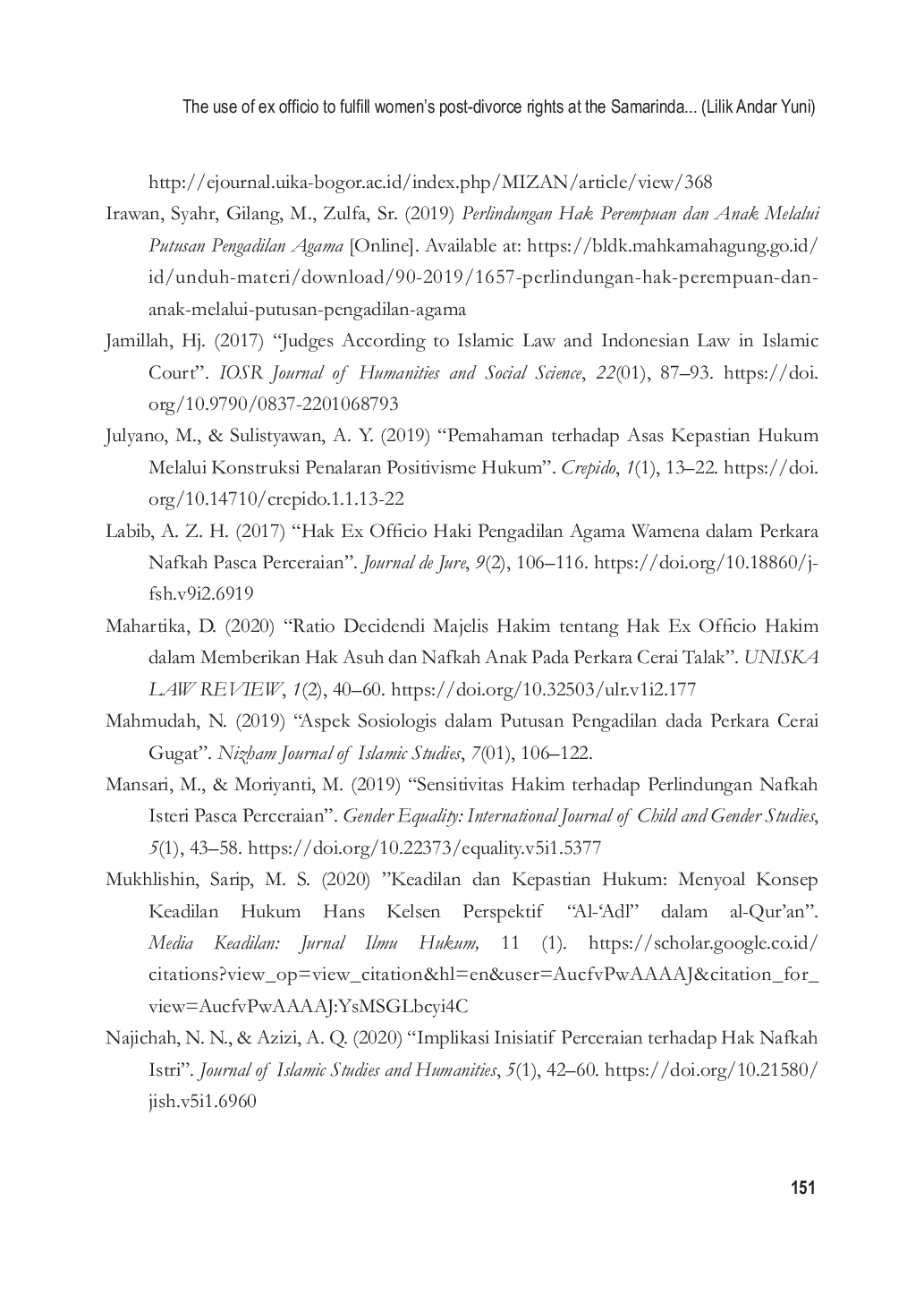 JURIS The use of ex officio to fulfill women s post divorce rights at the Samarinda Religious Court