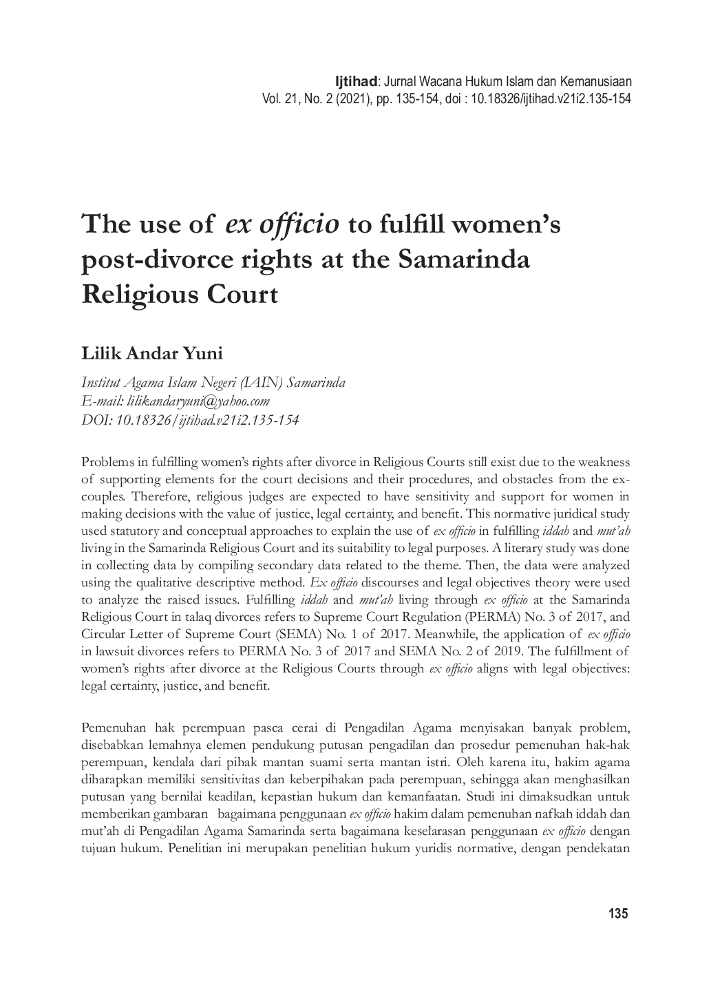 JURIS The use of ex officio to fulfill women s post divorce rights at the Samarinda Religious Court
