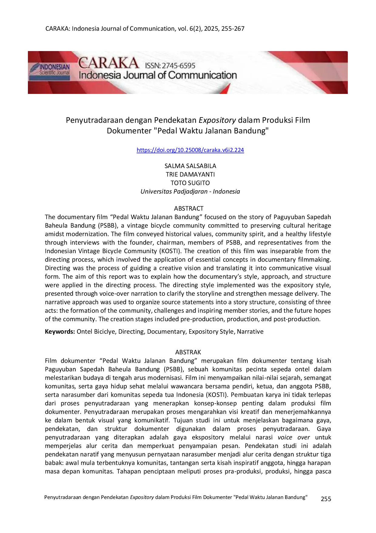 JURIS Penyutradaraan Dengan Pendekatan Expository Dalam Produksi Film Dokumenter Pedal Waktu Jalanan Bandung