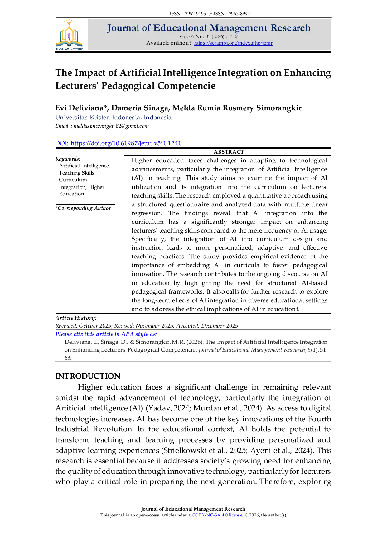 JURIS The Impact of Artificial Intelligence Integration on Enhancing Lecturers Pedagogical Competencie