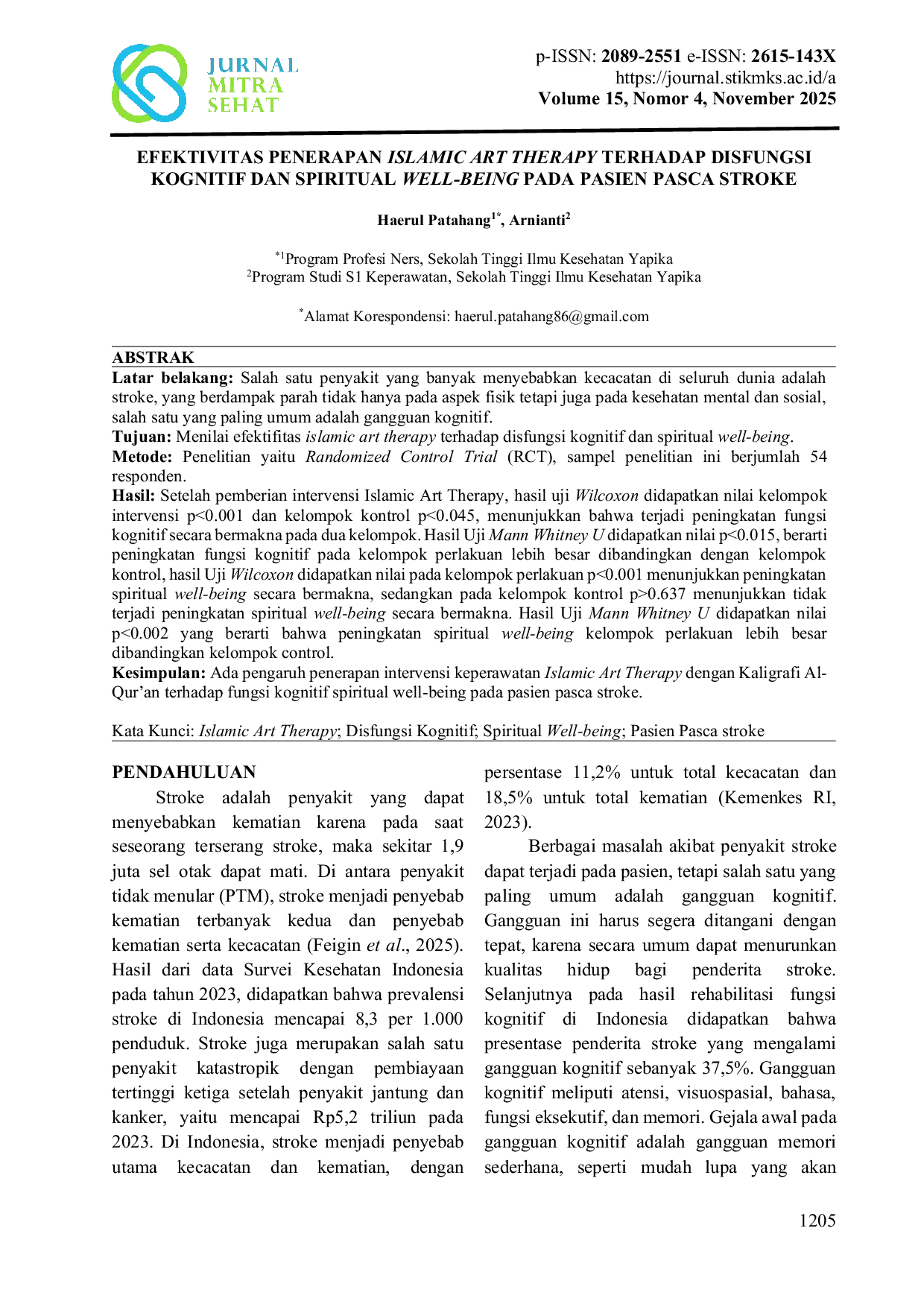 JURIS Efektivitas Penerapan Islamic Art Therapy Terhadap Disfungsi Kognitif dan Spiritual Well Being pada Pasien Pasca Stroke