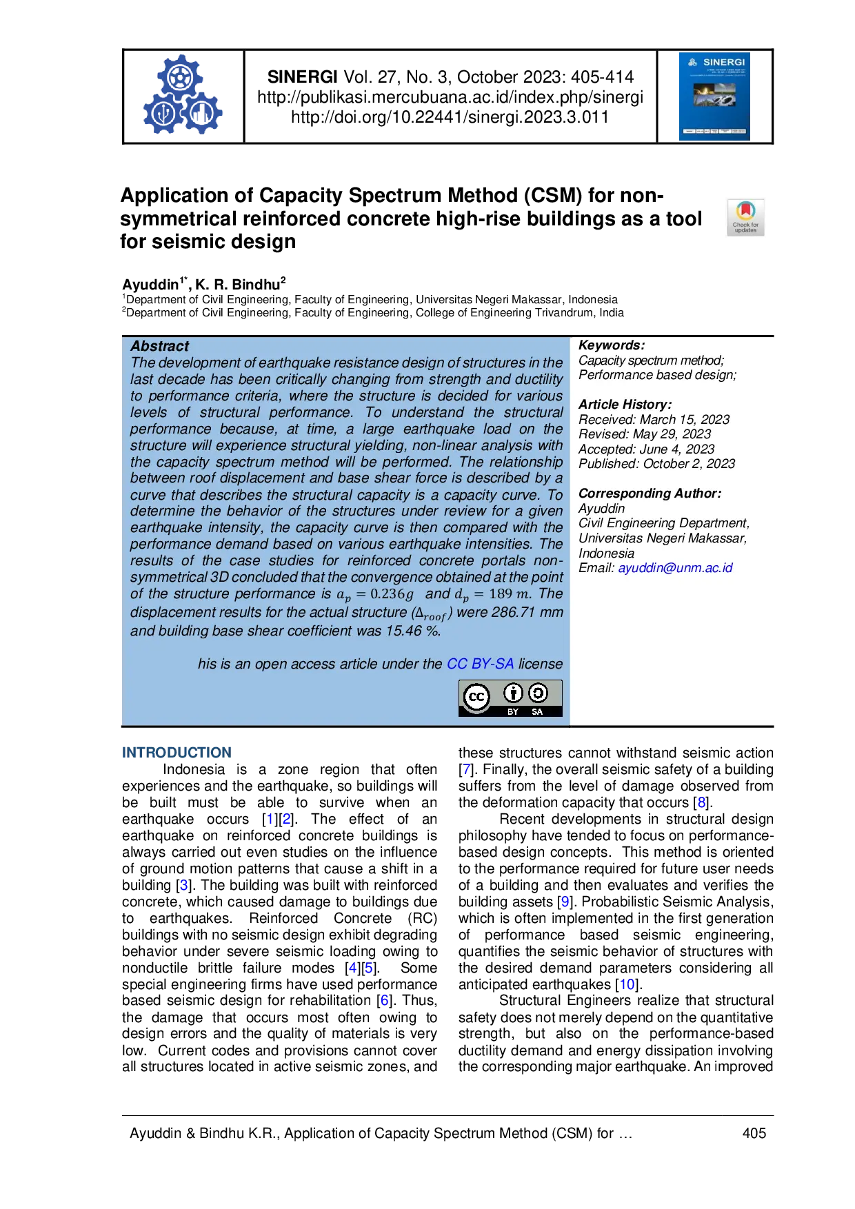 JURIS Application of Capacity Spectrum Method CSM for non symmetrical reinforced concrete high rise buildings as a tool for seismic design