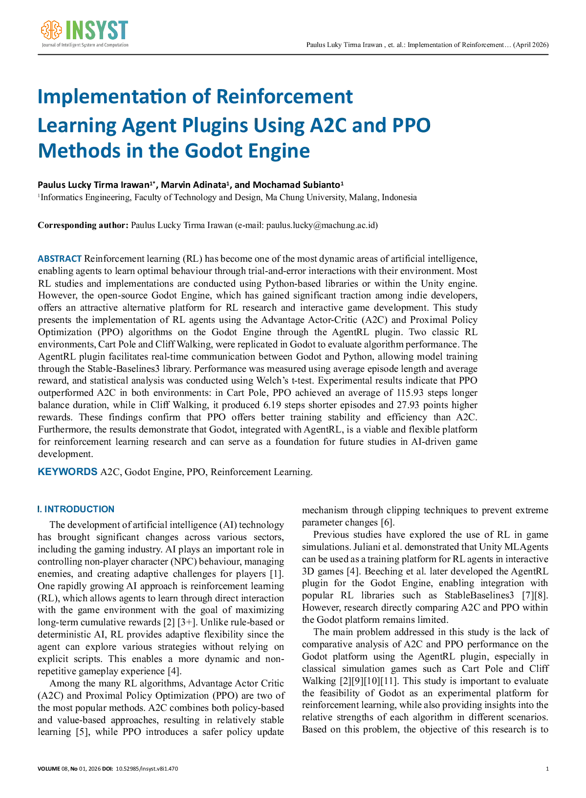 JURIS Implementation of Reinforcement Learning Agent Plugins Using A2C and PPO Methods in the Godot Engine